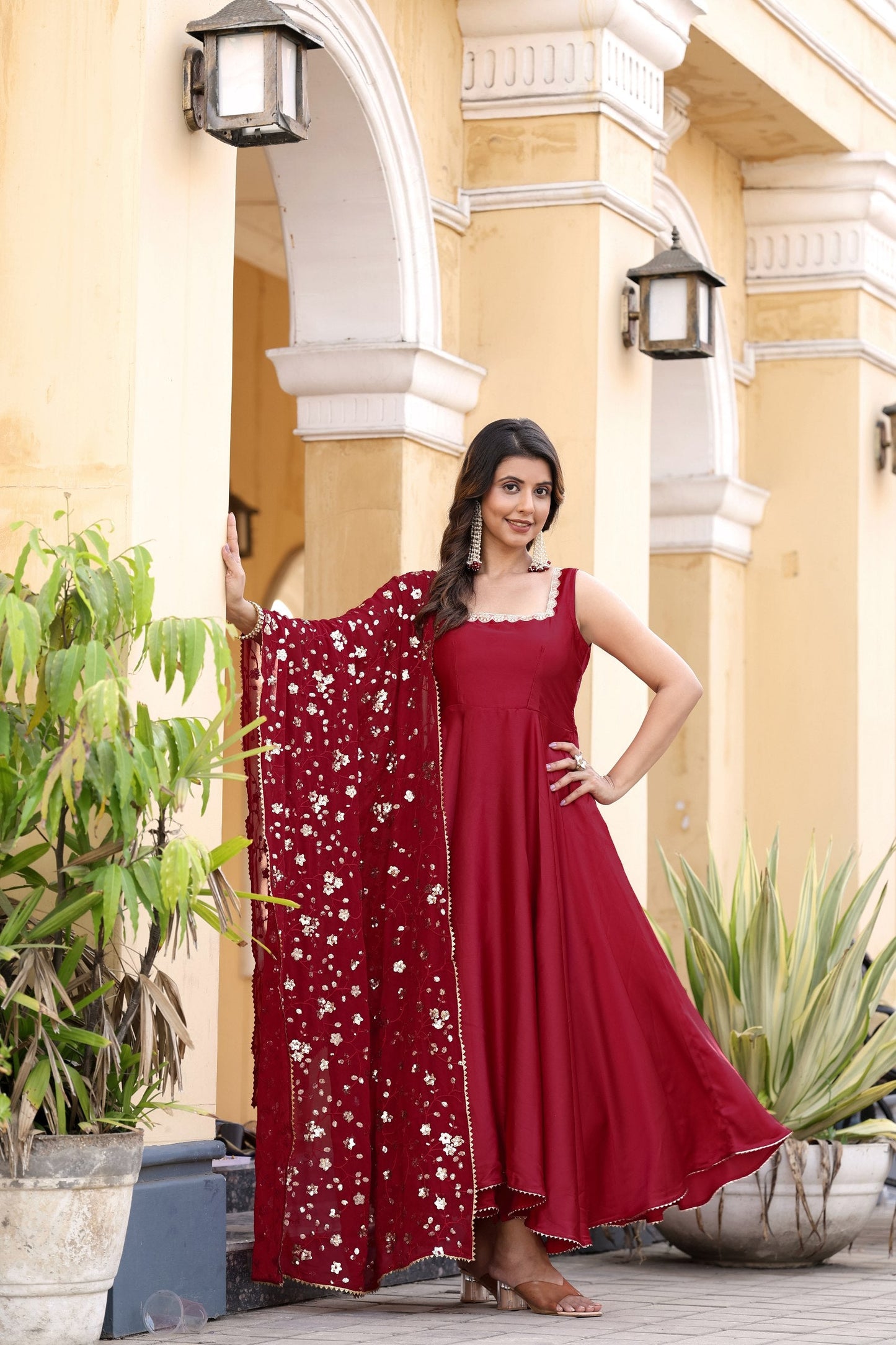 Jyoti Fashion Women's Cherry Red Satin Silk Lace Work Gown with Dupatta Set | Swadesiicart