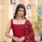 Jyoti Fashion Women's Cherry Red Satin Silk Lace Work Gown with Dupatta Set | Swadesiicart