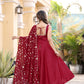 Jyoti Fashion Women's Cherry Red Satin Silk Lace Work Gown with Dupatta Set | Swadesiicart
