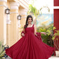 Jyoti Fashion Women's Cherry Red Satin Silk Lace Work Gown with Dupatta Set | Swadesiicart