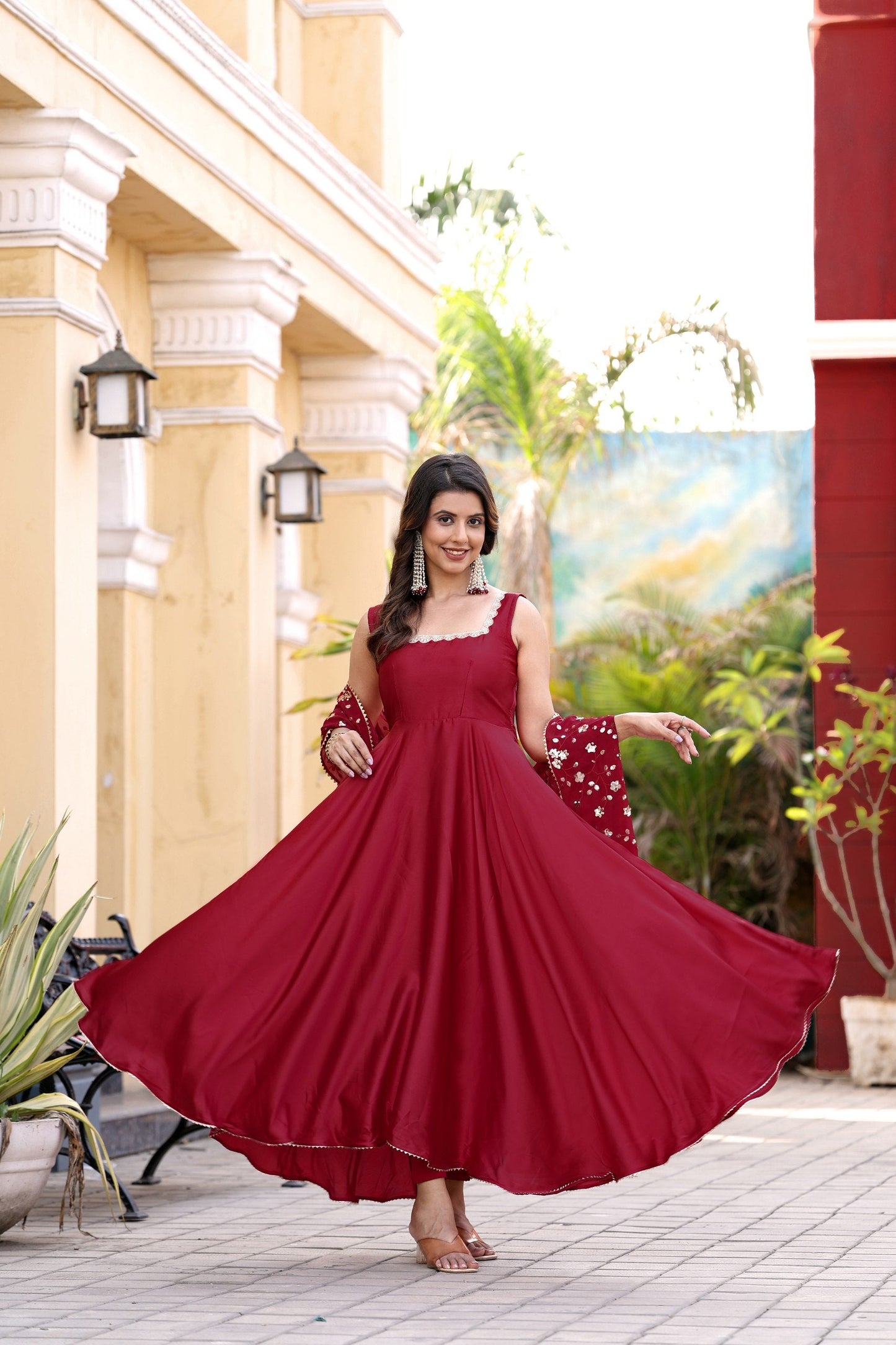 Jyoti Fashion Women's Cherry Red Satin Silk Lace Work Gown with Dupatta Set | Swadesiicart