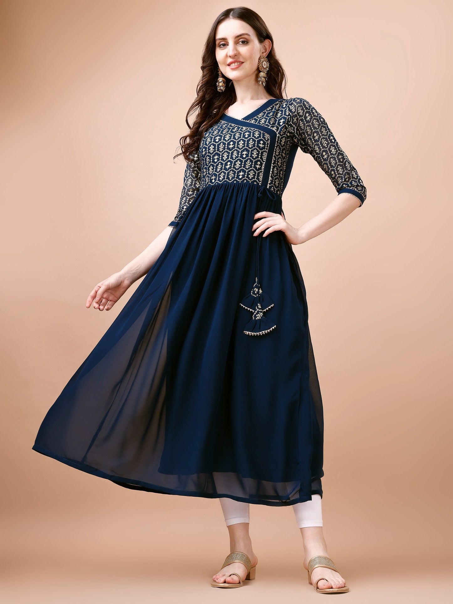 Jyoti Fashion Women's Navy Blue Georgette Foil Printed Gown with Dupatta Set | Swadesiicart