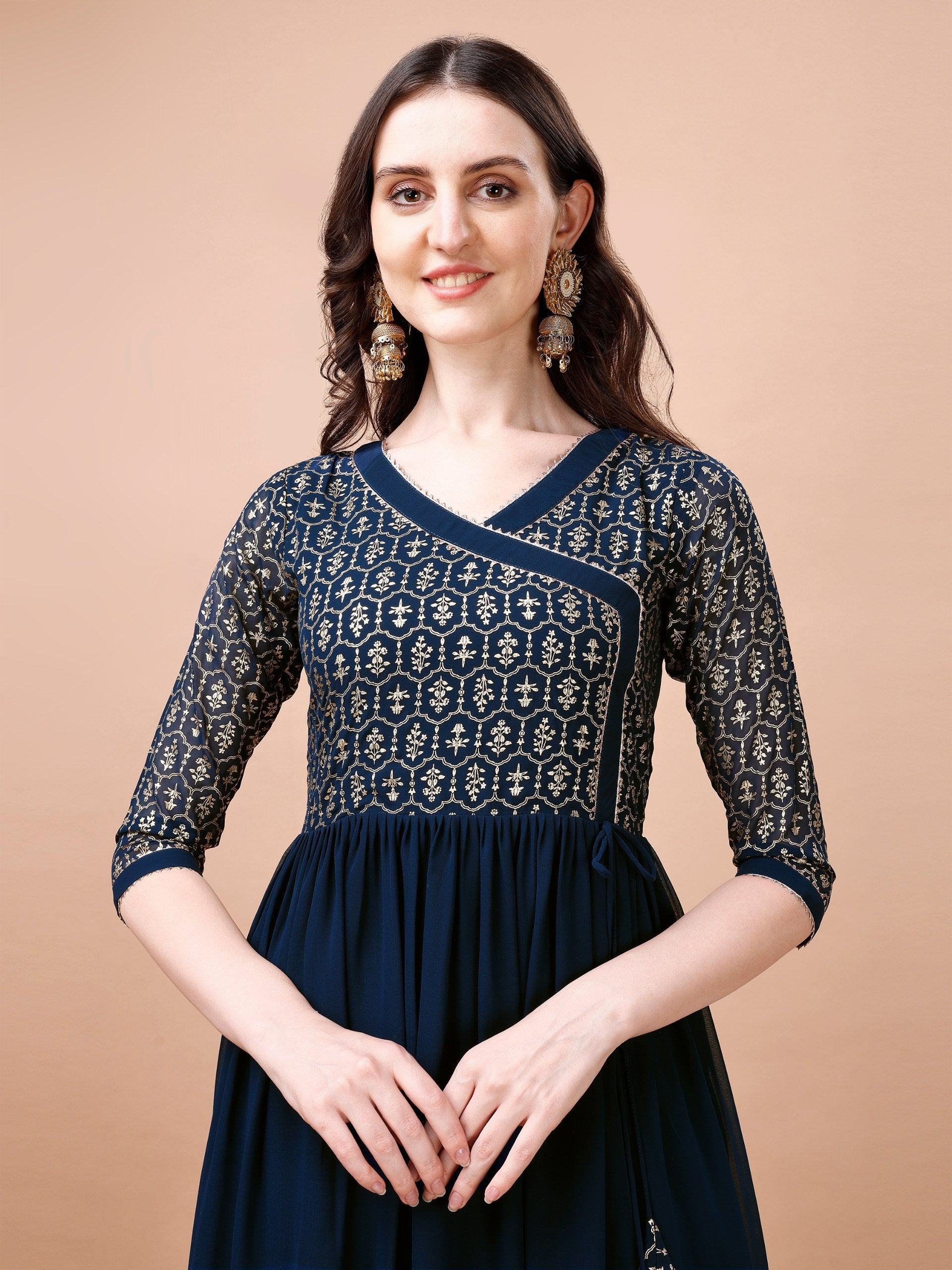 Jyoti Fashion Women's Navy Blue Georgette Foil Printed Gown with Dupatta Set | Swadesiicart