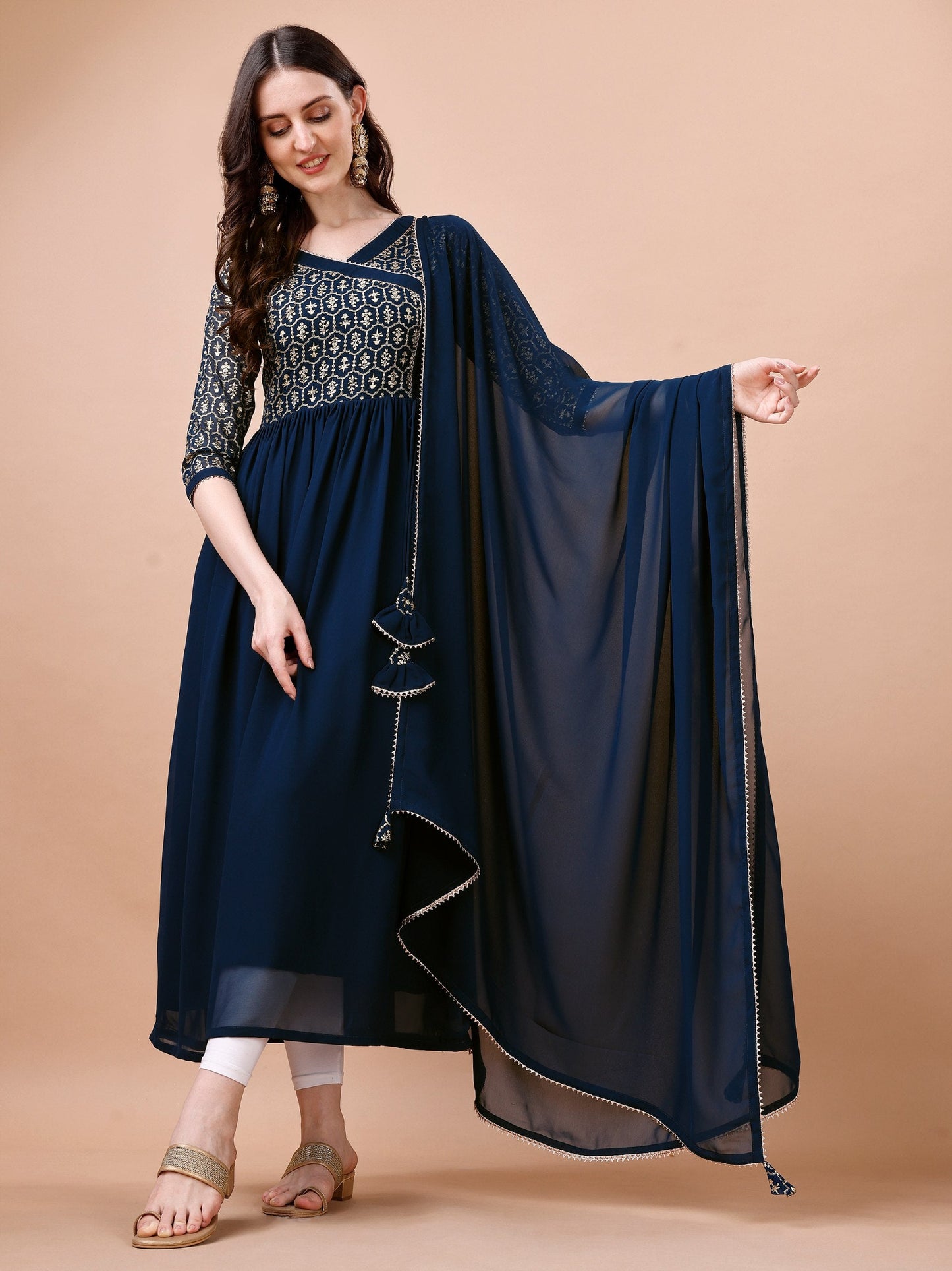 Jyoti Fashion Women's Navy Blue Georgette Foil Printed Gown with Dupatta Set | Swadesiicart