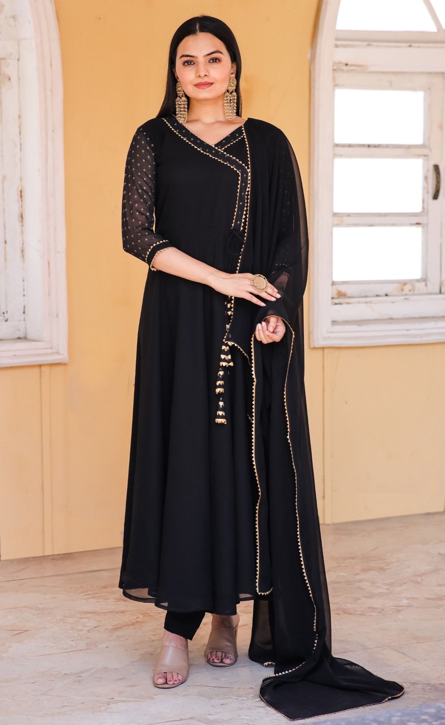 Jyoti Fashion Women's Black Georgette Foil Printed Gown with Dupatta Set | Swadesiicart