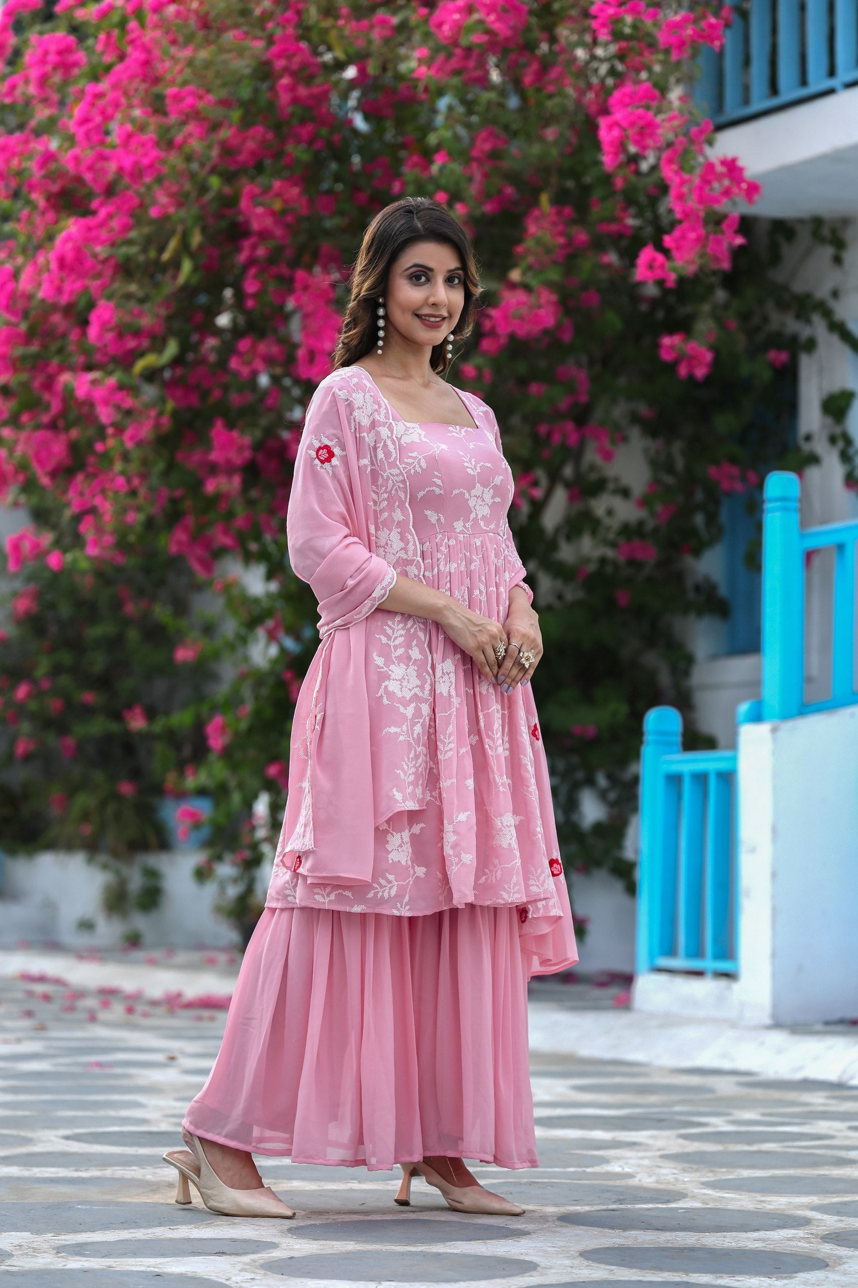 Jyoti Fashion Women's Baby Pink Faux Georgette Resham Embroidered Peplum Sharara Set | Swadesiicart