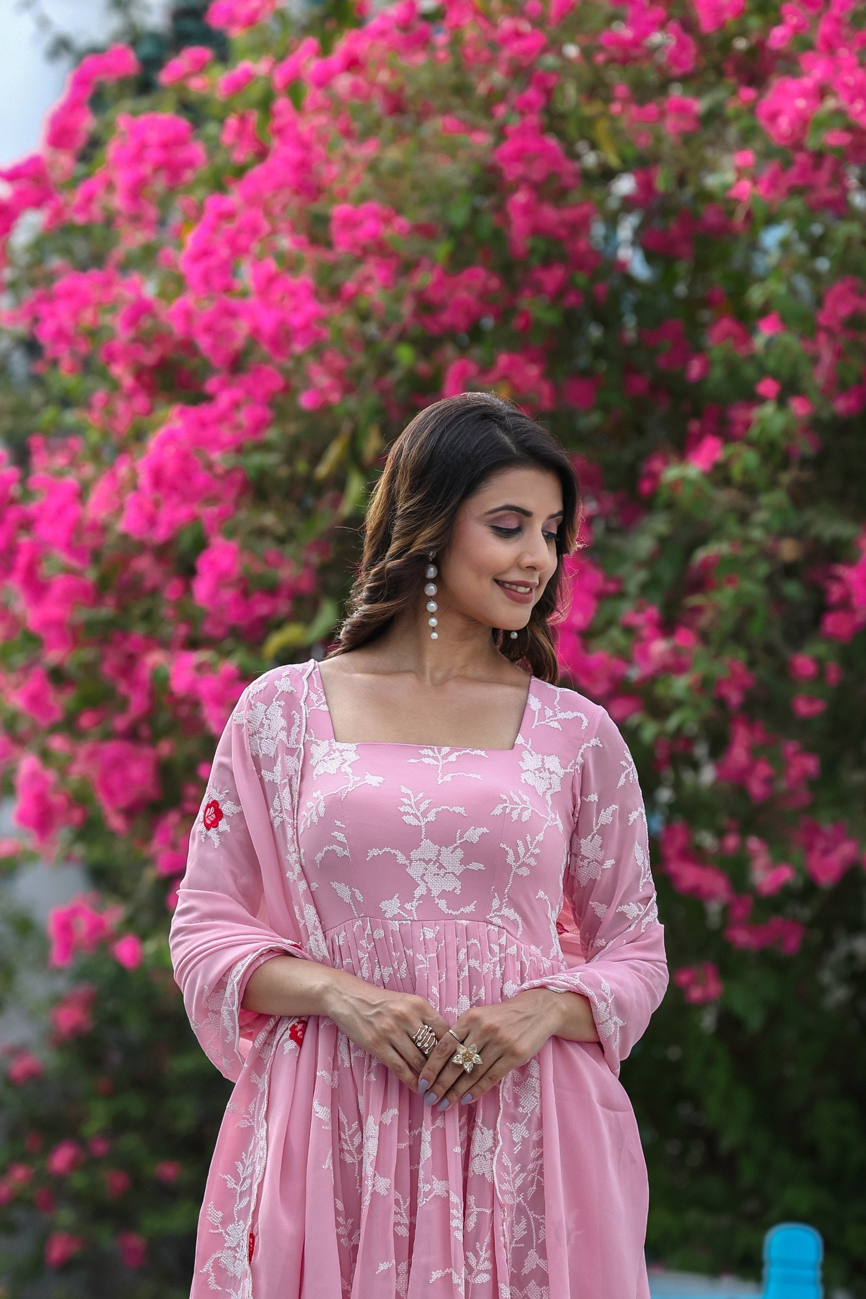 Jyoti Fashion Women's Baby Pink Faux Georgette Resham Embroidered Peplum Sharara Set | Swadesiicart