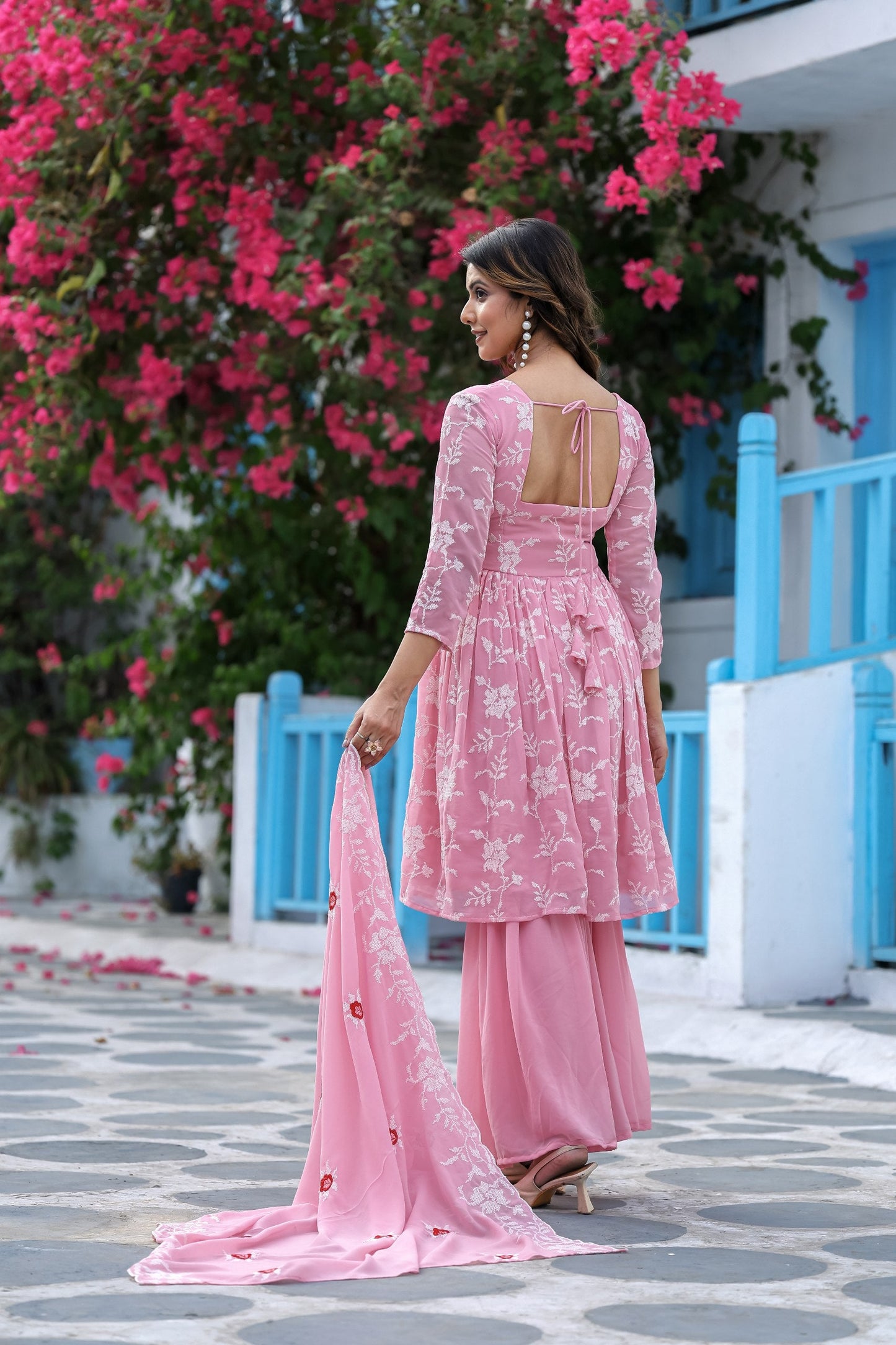 Jyoti Fashion Women's Baby Pink Faux Georgette Resham Embroidered Peplum Sharara Set | Swadesiicart