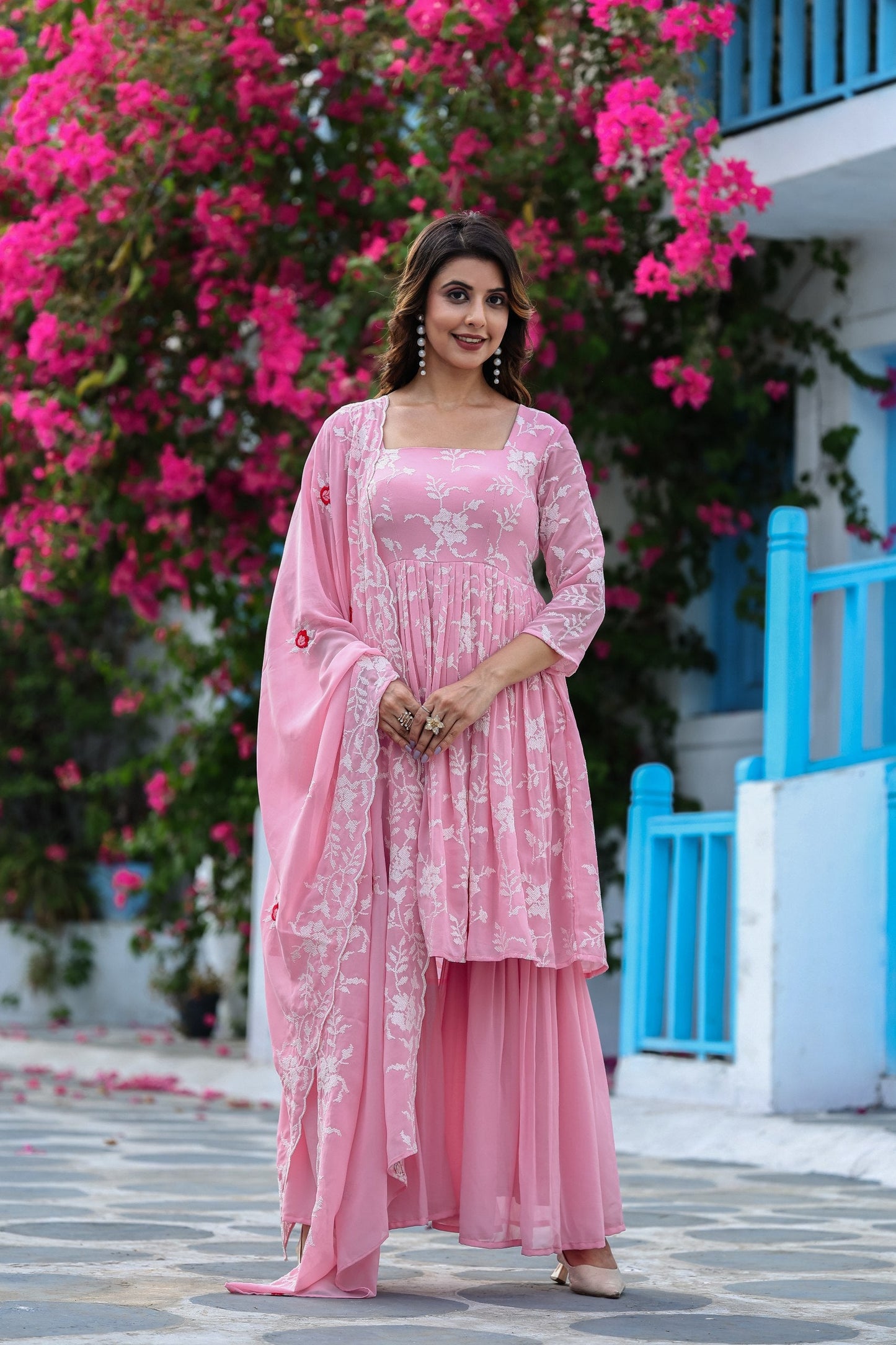 Jyoti Fashion Women's Baby Pink Faux Georgette Resham Embroidered Peplum Sharara Set | Swadesiicart
