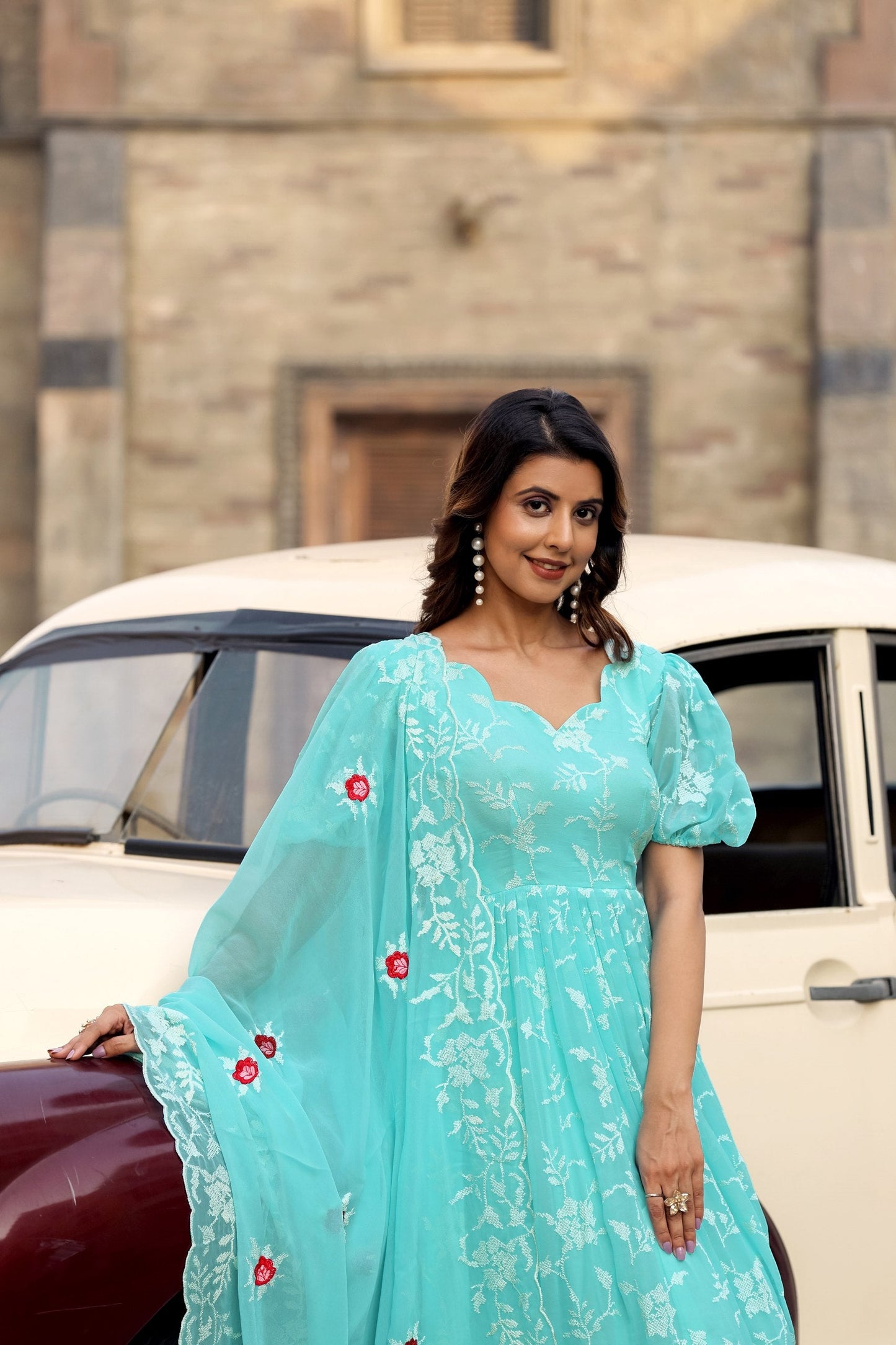 Jyoti Fashion Women's Sky Blue Faux Georgette Resham Embroidered Kurta Set with Dupatta | Swadesiicart