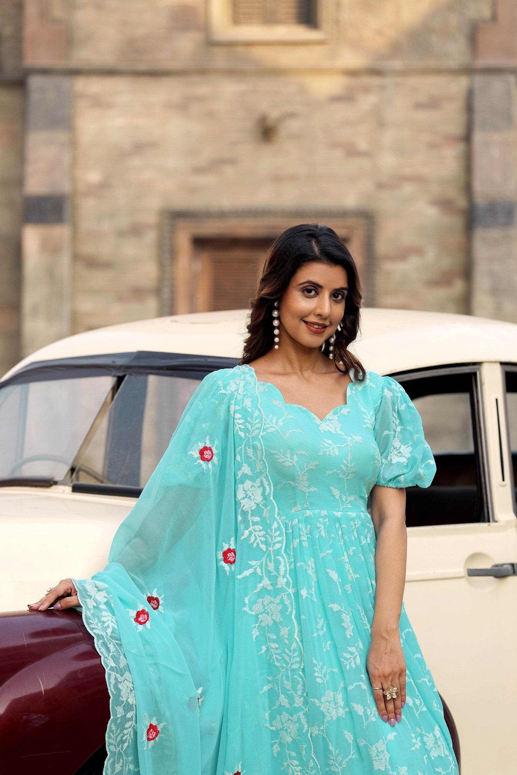 Jyoti Fashion Women's Sky Blue Faux Georgette Resham Embroidered Kurta Set with Dupatta | Swadesiicart