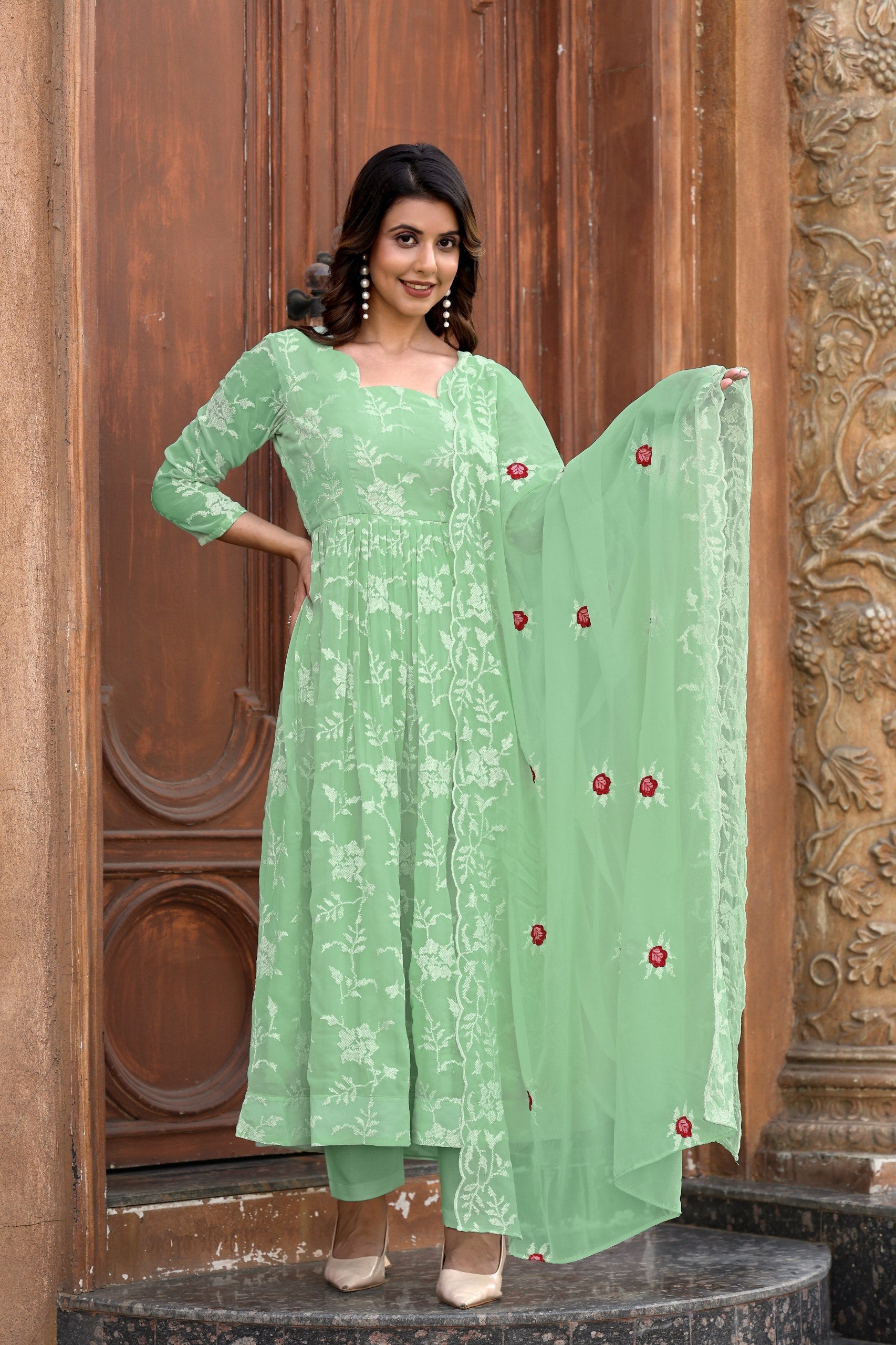Jyoti Fashion Women's Pista Green Faux Georgette Resham Embroidered Kurta Set with Dupatta | Swadesiicart