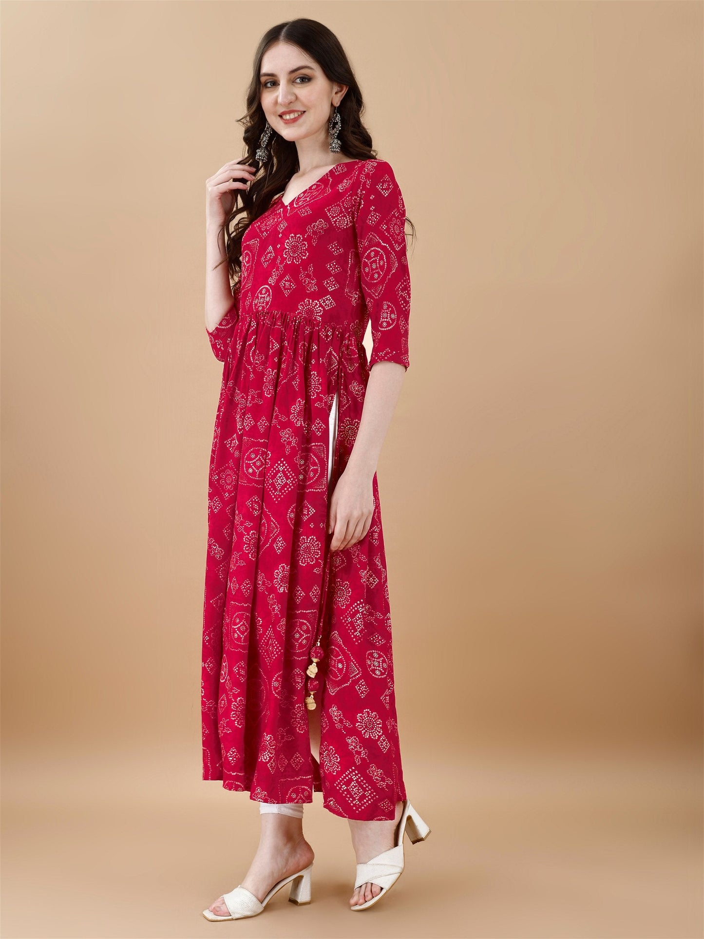 Jyoti Fashion Women's Rani Pink Rayon Bandhani Printed Casual Flared kurta | Swadesiicart
