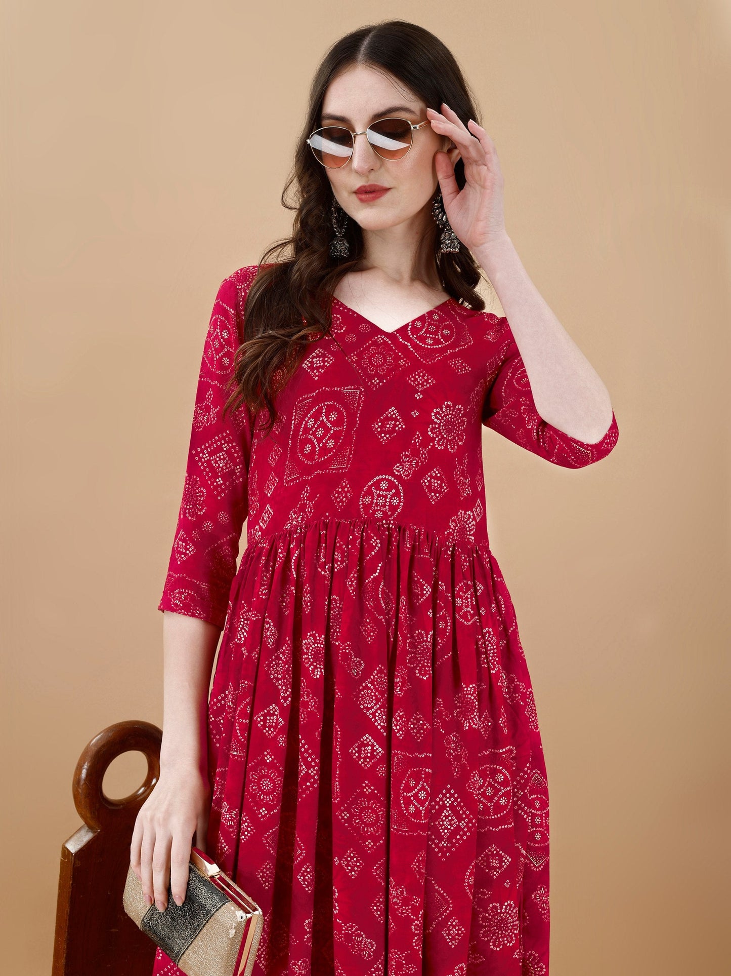 Jyoti Fashion Women's Rani Pink Rayon Bandhani Printed Casual Flared kurta | Swadesiicart