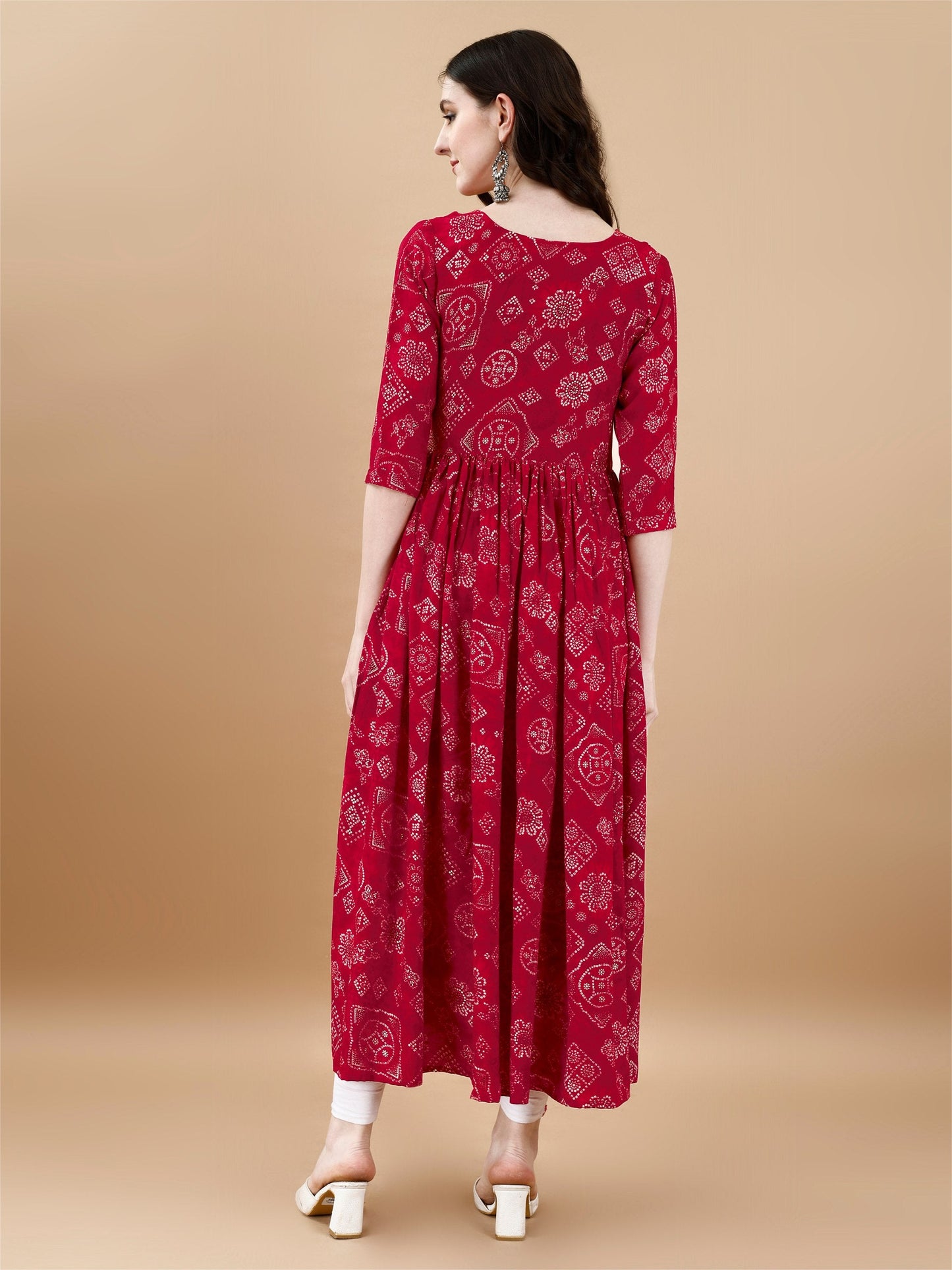 Jyoti Fashion Women's Rani Pink Rayon Bandhani Printed Casual Flared kurta | Swadesiicart