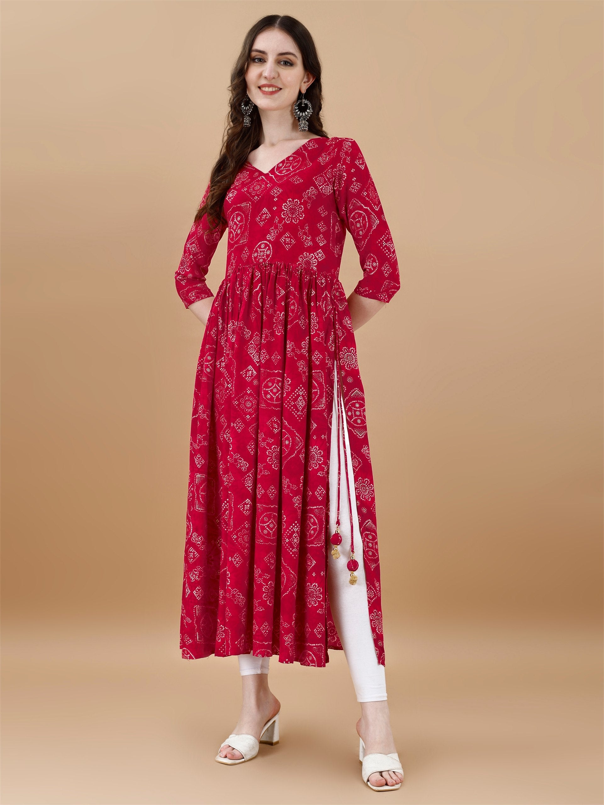 Jyoti Fashion Women's Rani Pink Rayon Bandhani Printed Casual Flared kurta | Swadesiicart