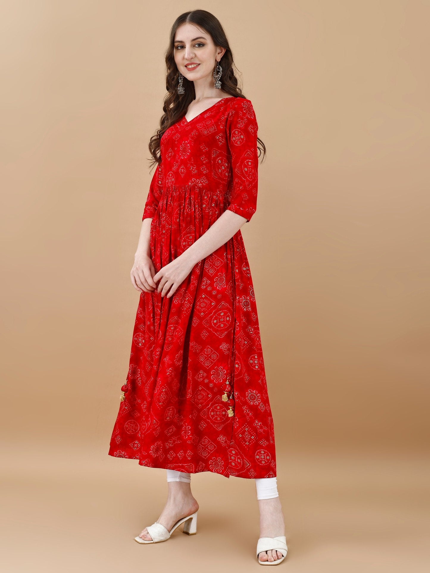 Jyoti Fashion Women's Red Rayon Bandhani Printed Casual Flared kurta | Swadesiicart