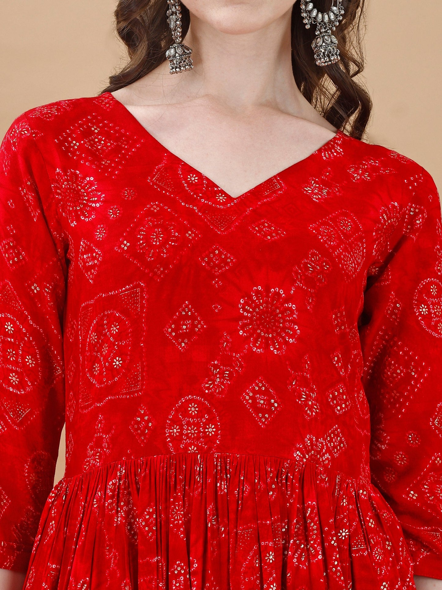 Jyoti Fashion Women's Red Rayon Bandhani Printed Casual Flared kurta | Swadesiicart