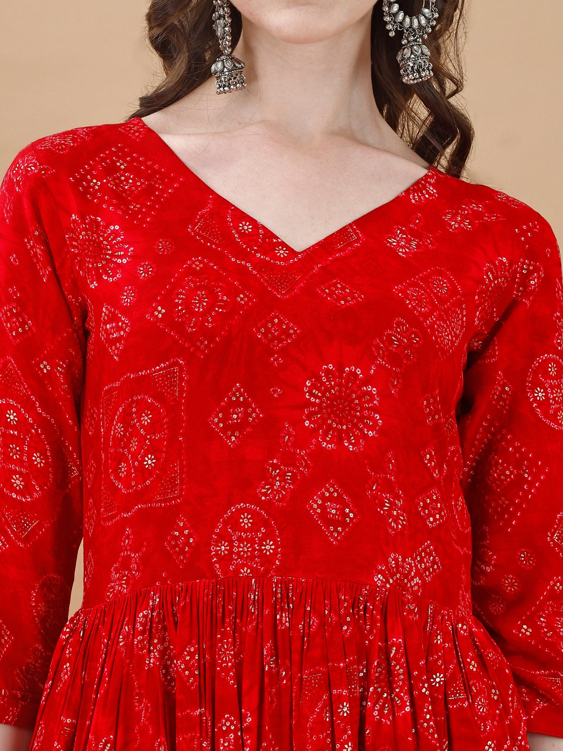 Jyoti Fashion Women's Red Rayon Bandhani Printed Casual Flared kurta | Swadesiicart