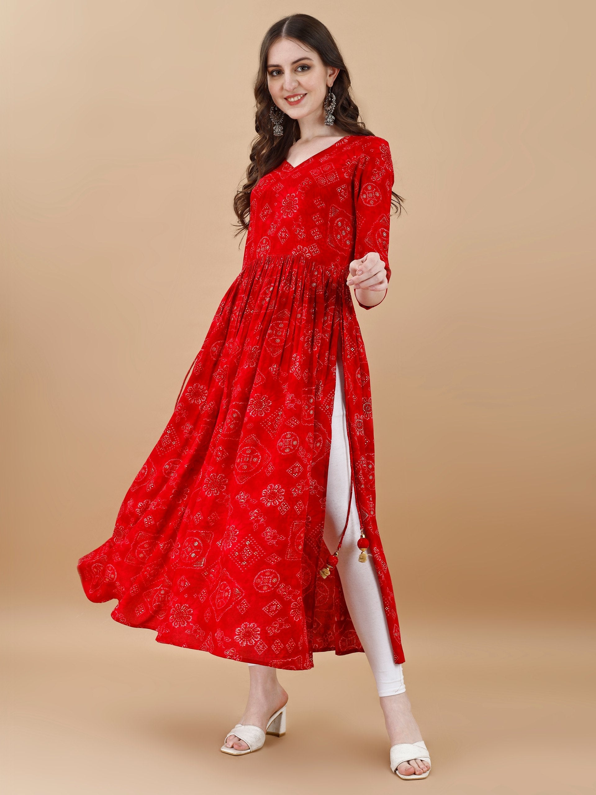 Jyoti Fashion Women's Red Rayon Bandhani Printed Casual Flared kurta | Swadesiicart
