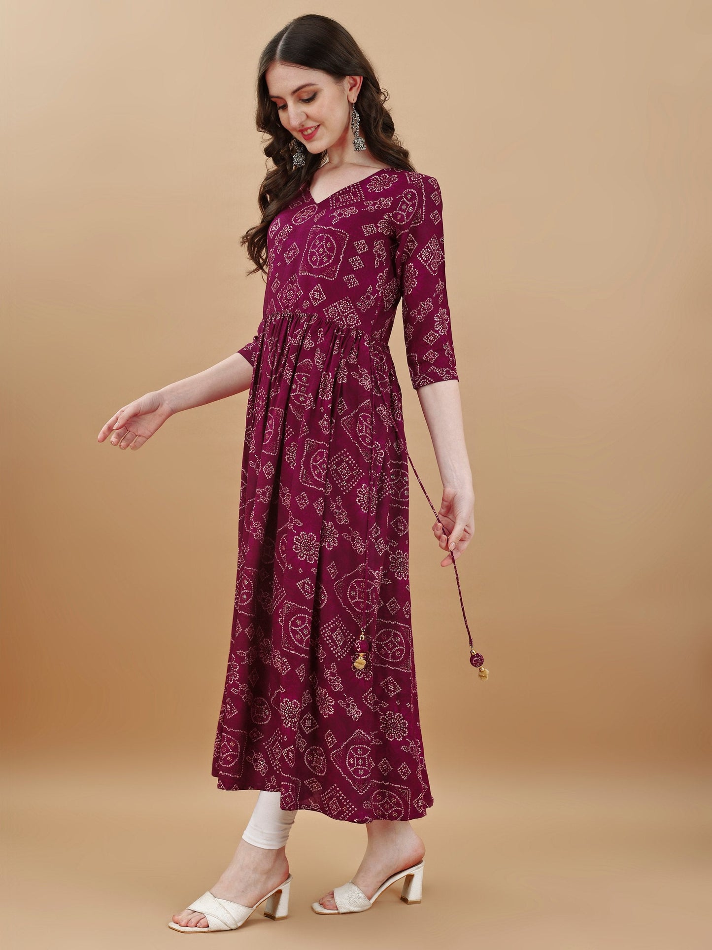 Jyoti Fashion Women's Wine Rayon Bandhani Printed Casual Flared kurta | Swadesiicart