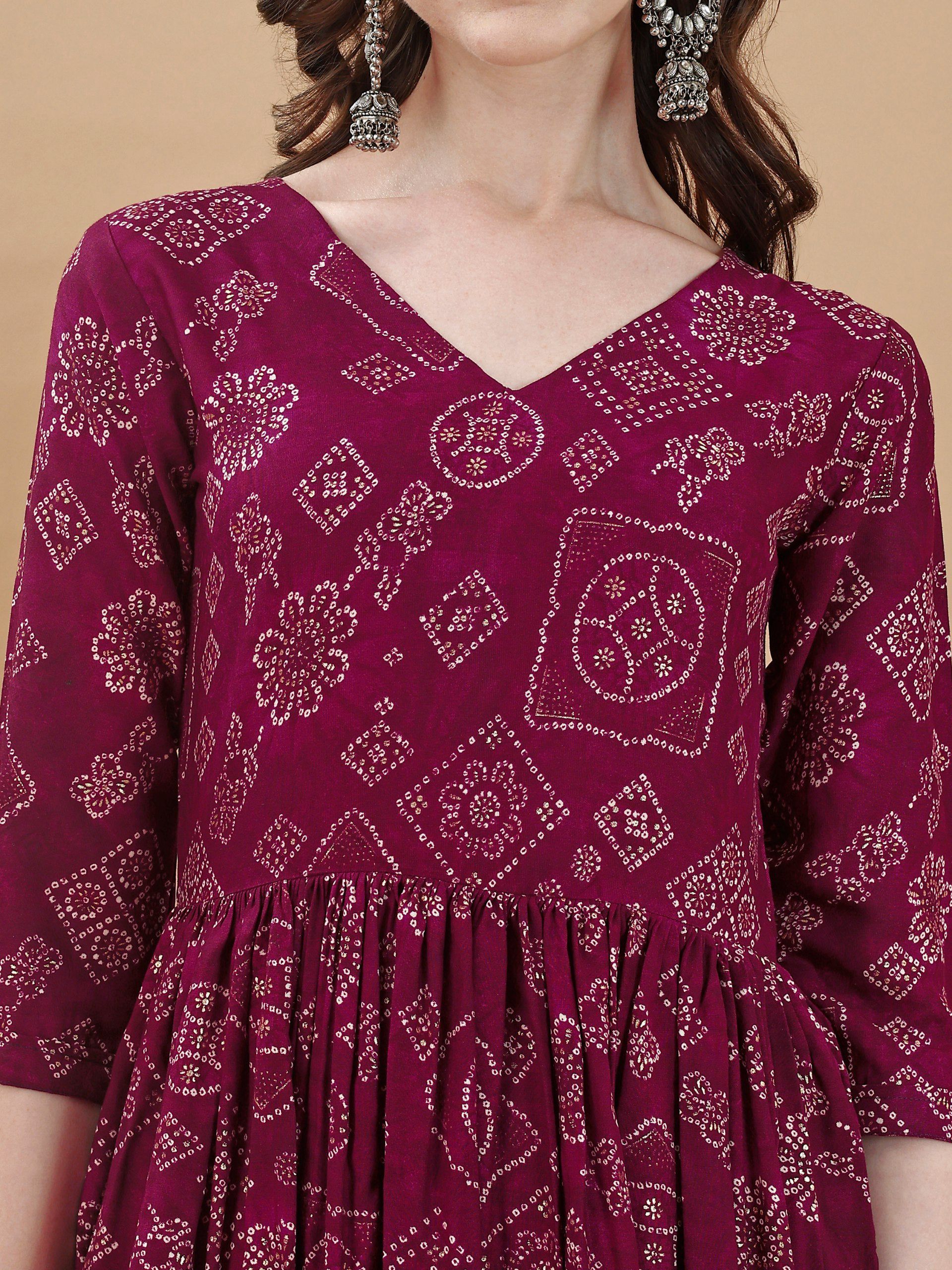 Jyoti Fashion Women's Wine Rayon Bandhani Printed Casual Flared kurta | Swadesiicart
