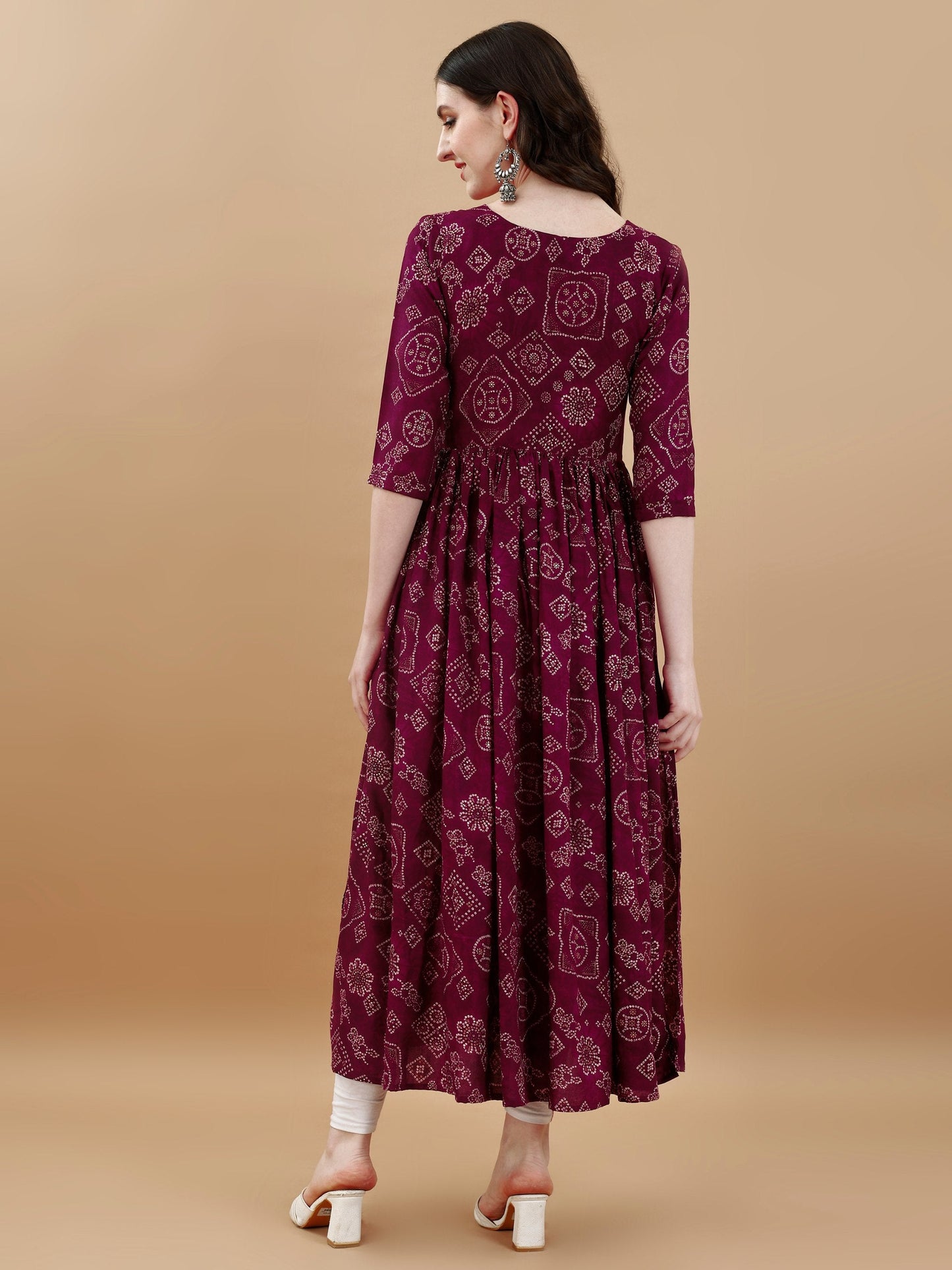 Jyoti Fashion Women's Wine Rayon Bandhani Printed Casual Flared kurta | Swadesiicart
