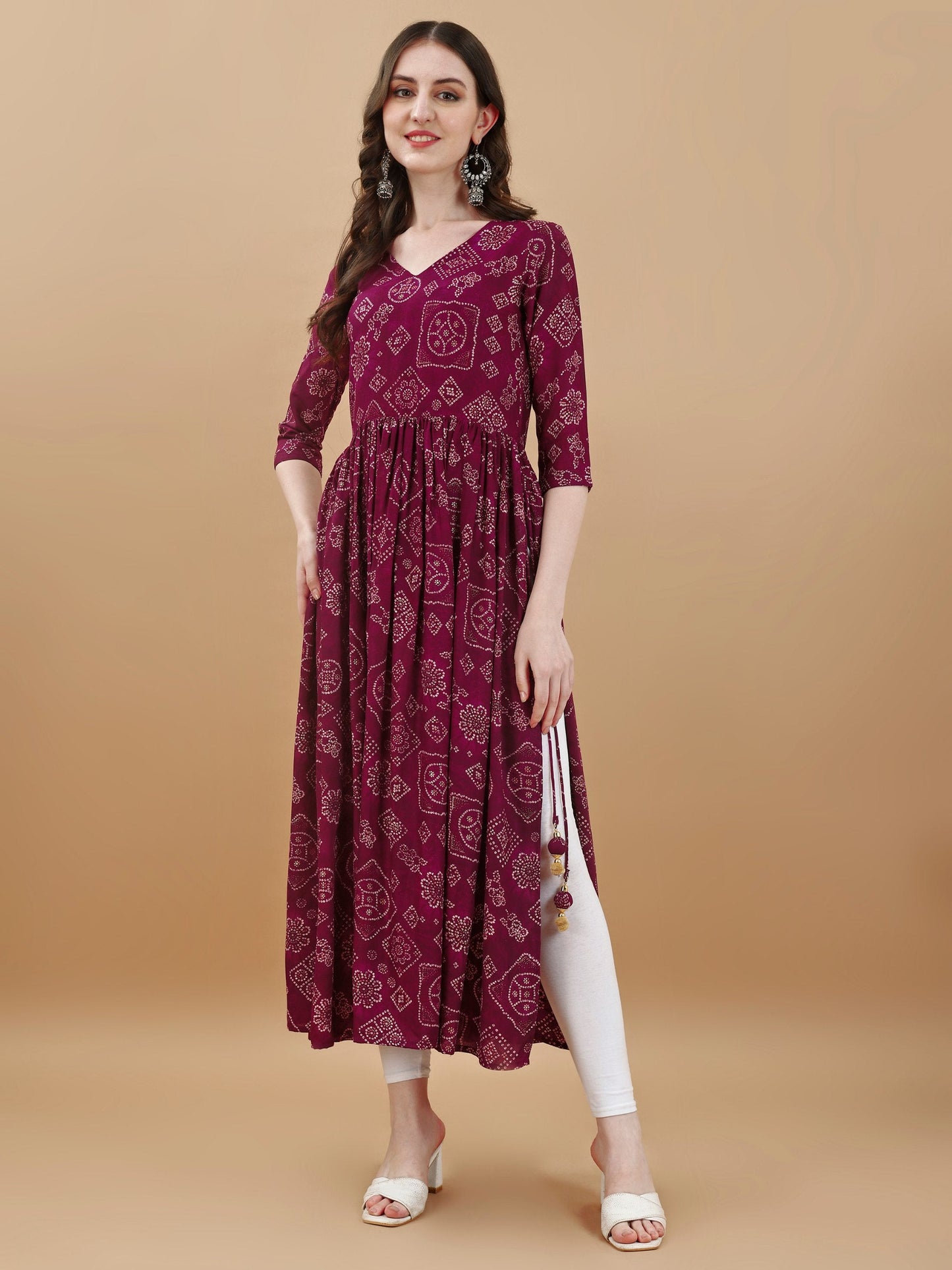 Jyoti Fashion Women's Wine Rayon Bandhani Printed Casual Flared kurta | Swadesiicart
