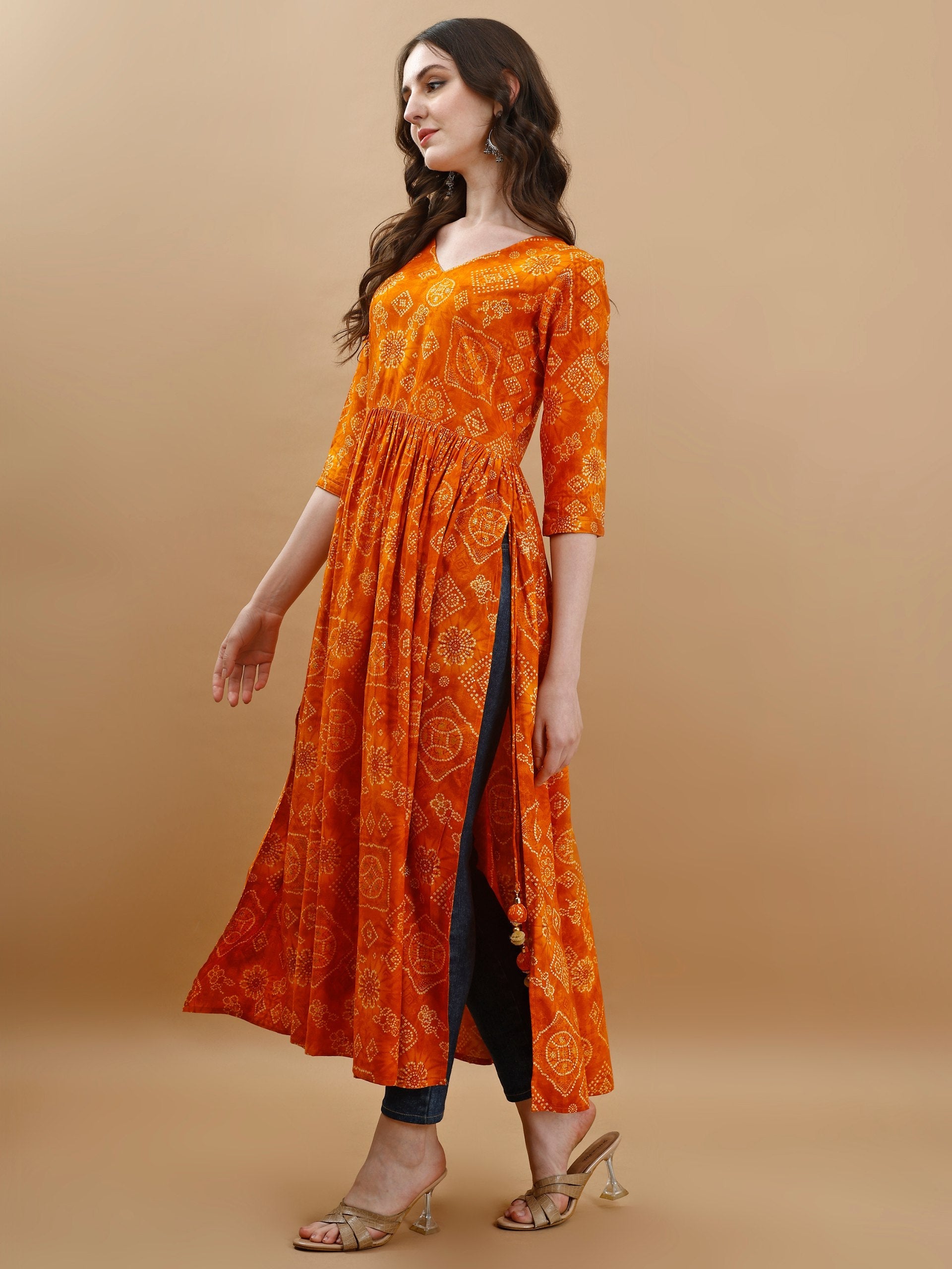 Jyoti Fashion Women's Mustard Rayon Bandhani Printed Casual Flared kurta | Swadesiicart