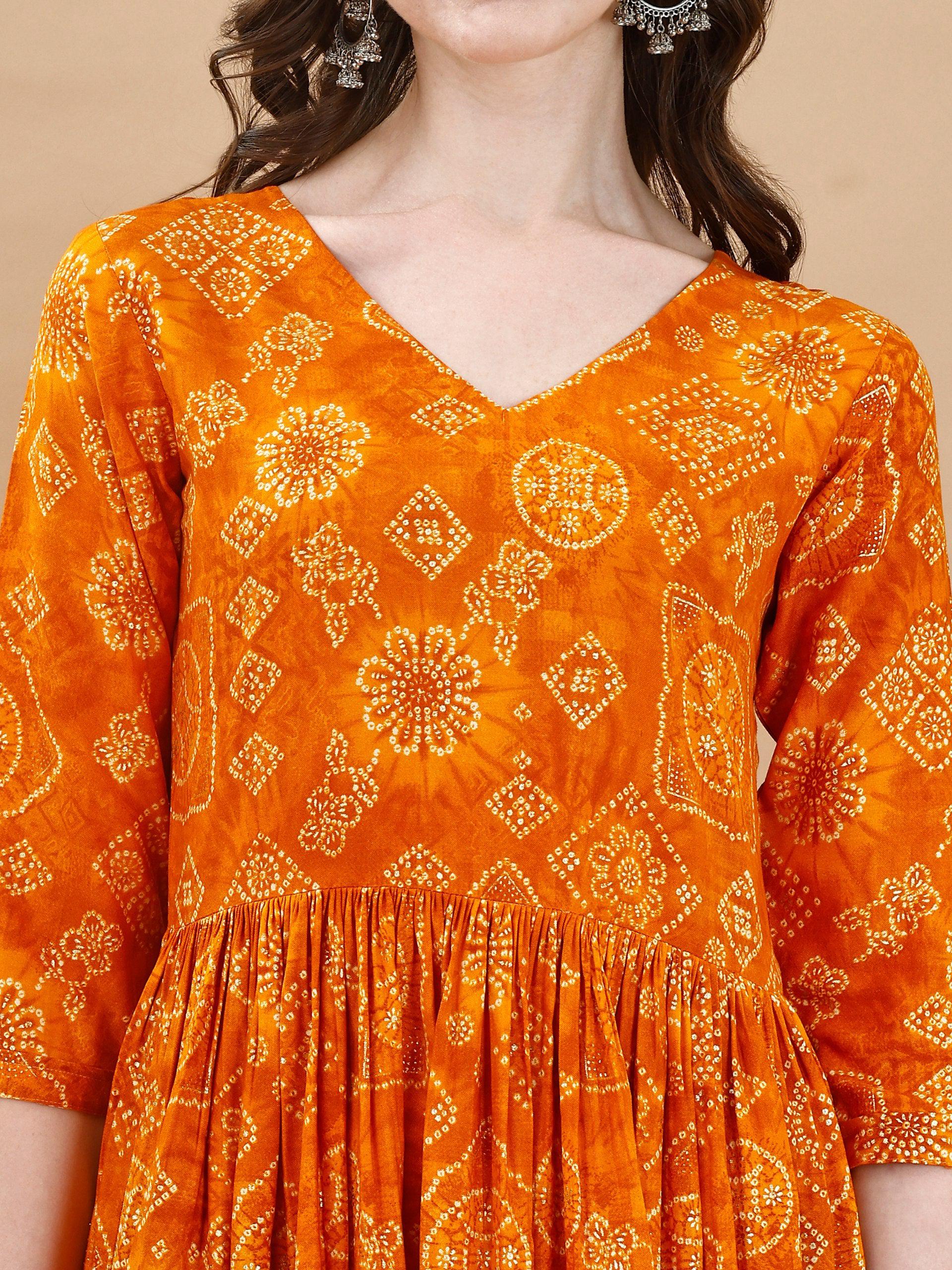 Jyoti Fashion Women's Mustard Rayon Bandhani Printed Casual Flared kurta | Swadesiicart