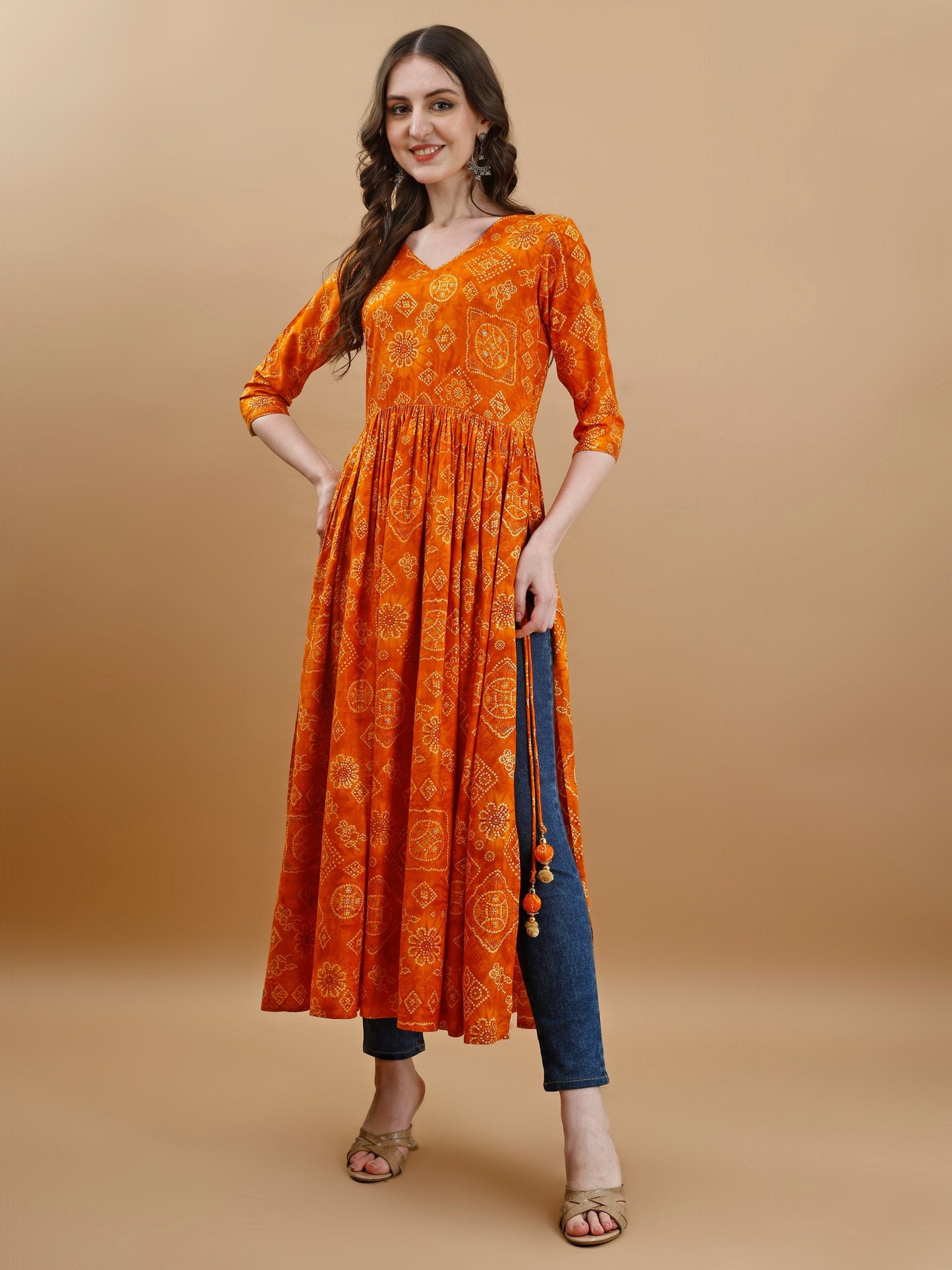 Jyoti Fashion Women's Mustard Rayon Bandhani Printed Casual Flared kurta | Swadesiicart