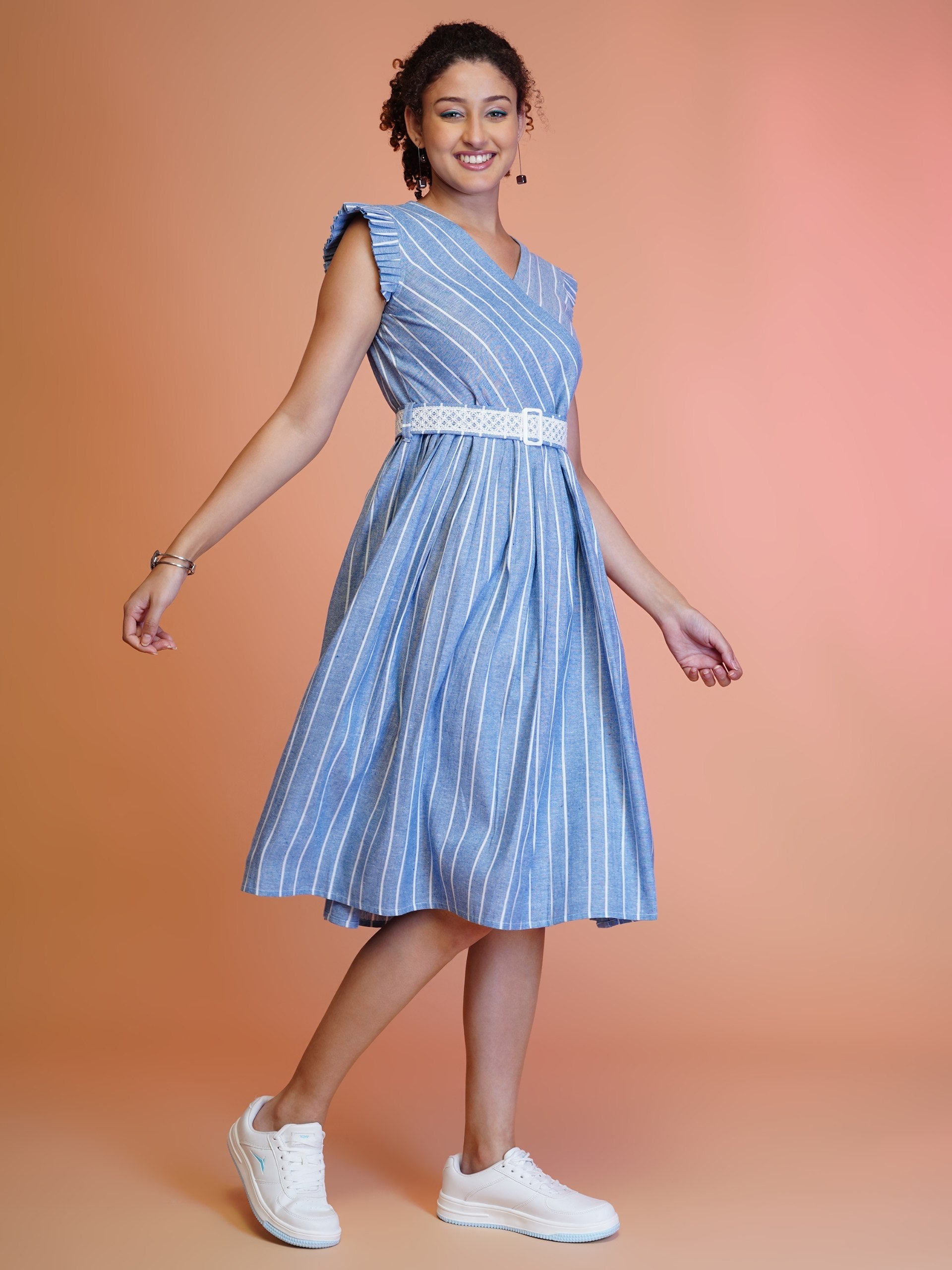 Jyoti Fashion Women's Blue Cotton Striped with Embroidered Belt Western Midi Dress | Swadesiicart