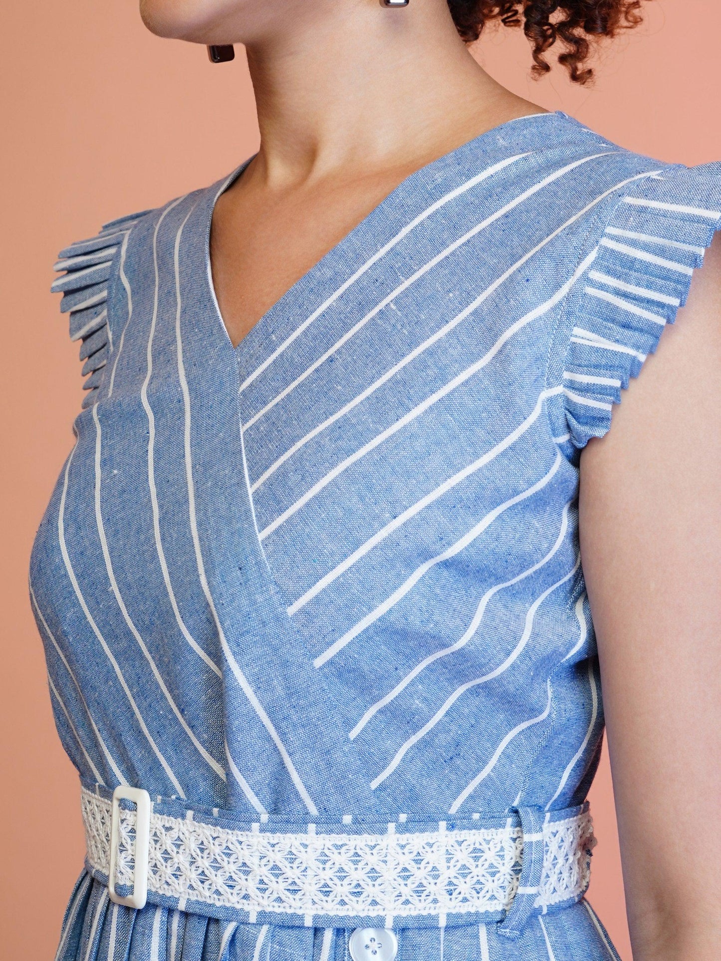 Jyoti Fashion Women's Blue Cotton Striped with Embroidered Belt Western Midi Dress | Swadesiicart