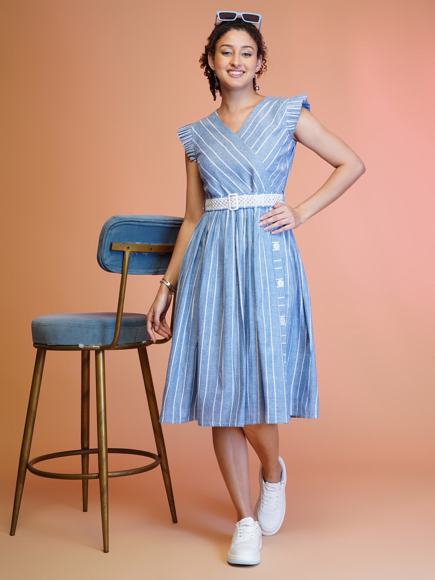 Jyoti Fashion Women's Blue Cotton Striped with Embroidered Belt Western Midi Dress | Swadesiicart