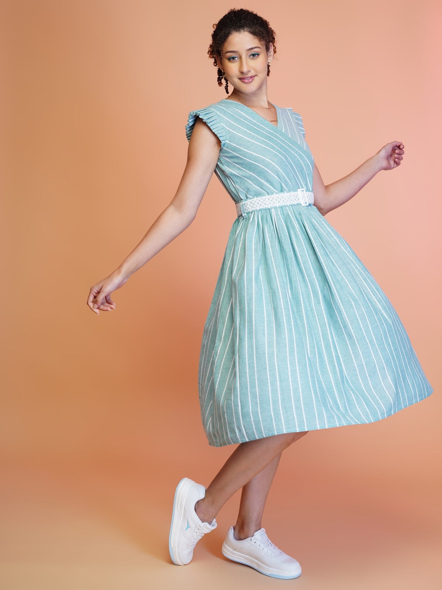 Jyoti Fashion Women's Sea Green Cotton Striped with Embroidered Belt Western Midi Dress | Swadesiicart