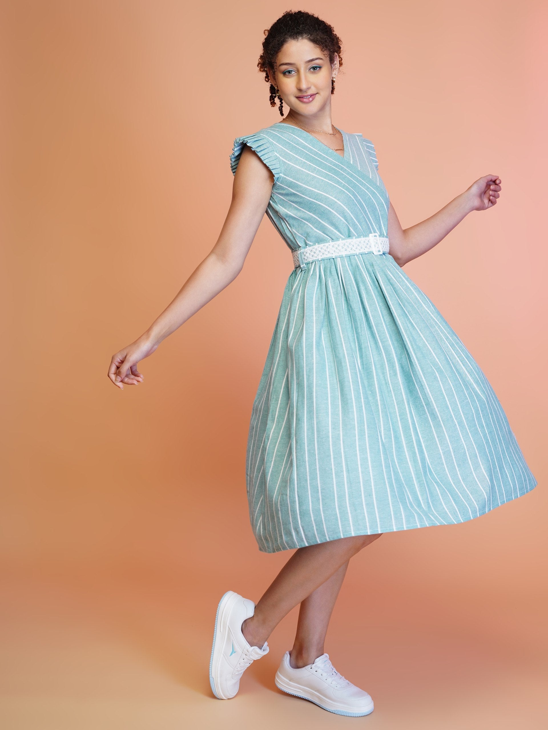 Jyoti Fashion Women's Sea Green Cotton Striped with Embroidered Belt Western Midi Dress | Swadesiicart