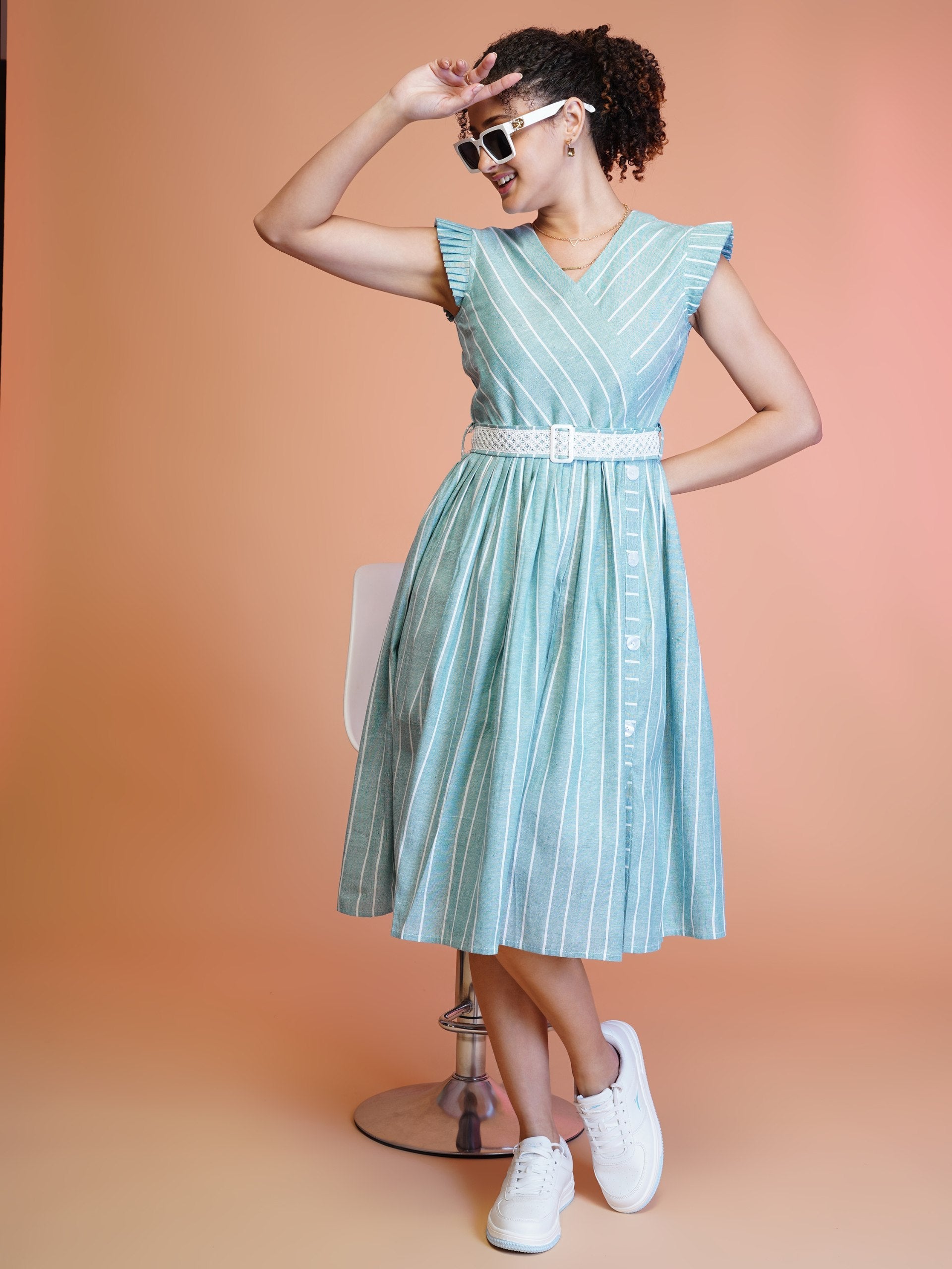 Jyoti Fashion Women's Sea Green Cotton Striped with Embroidered Belt Western Midi Dress | Swadesiicart