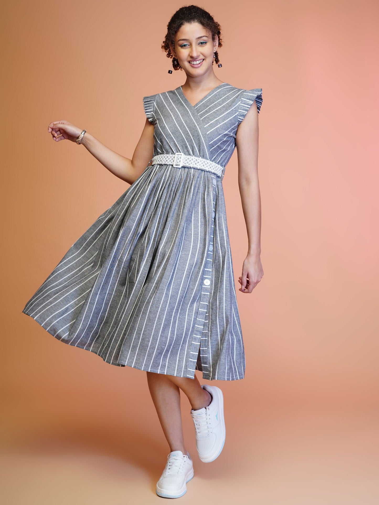 Jyoti Fashion Women's Grey Cotton Striped with Embroidered Belt Western Midi Dress | Swadesiicart