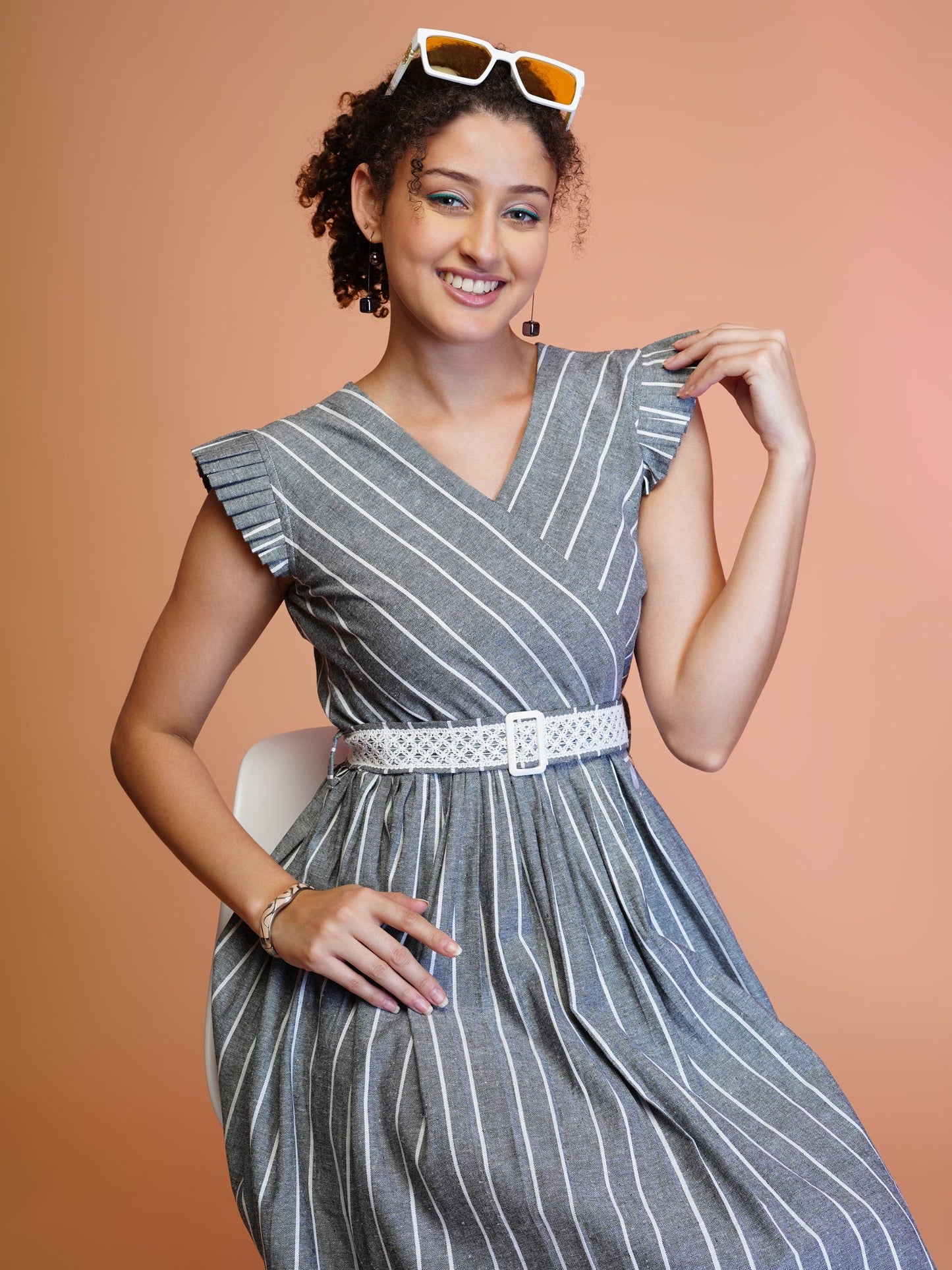 Jyoti Fashion Women's Grey Cotton Striped with Embroidered Belt Western Midi Dress | Swadesiicart