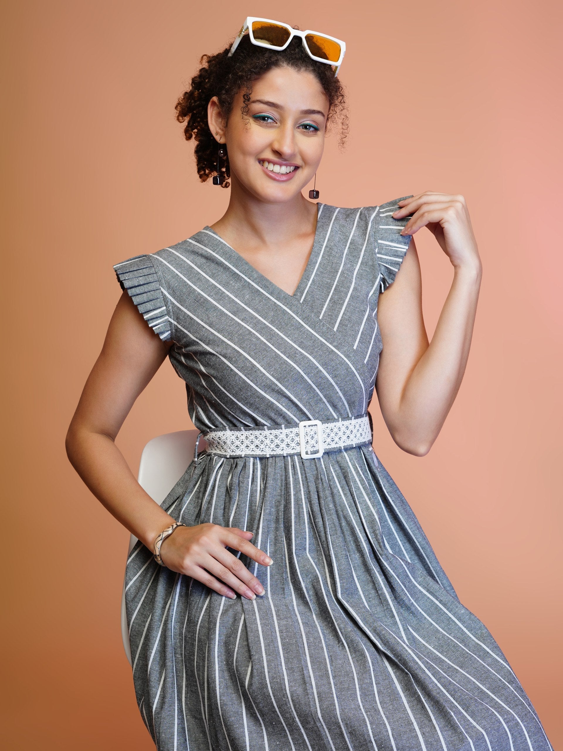 Jyoti Fashion Women's Grey Cotton Striped with Embroidered Belt Western Midi Dress | Swadesiicart