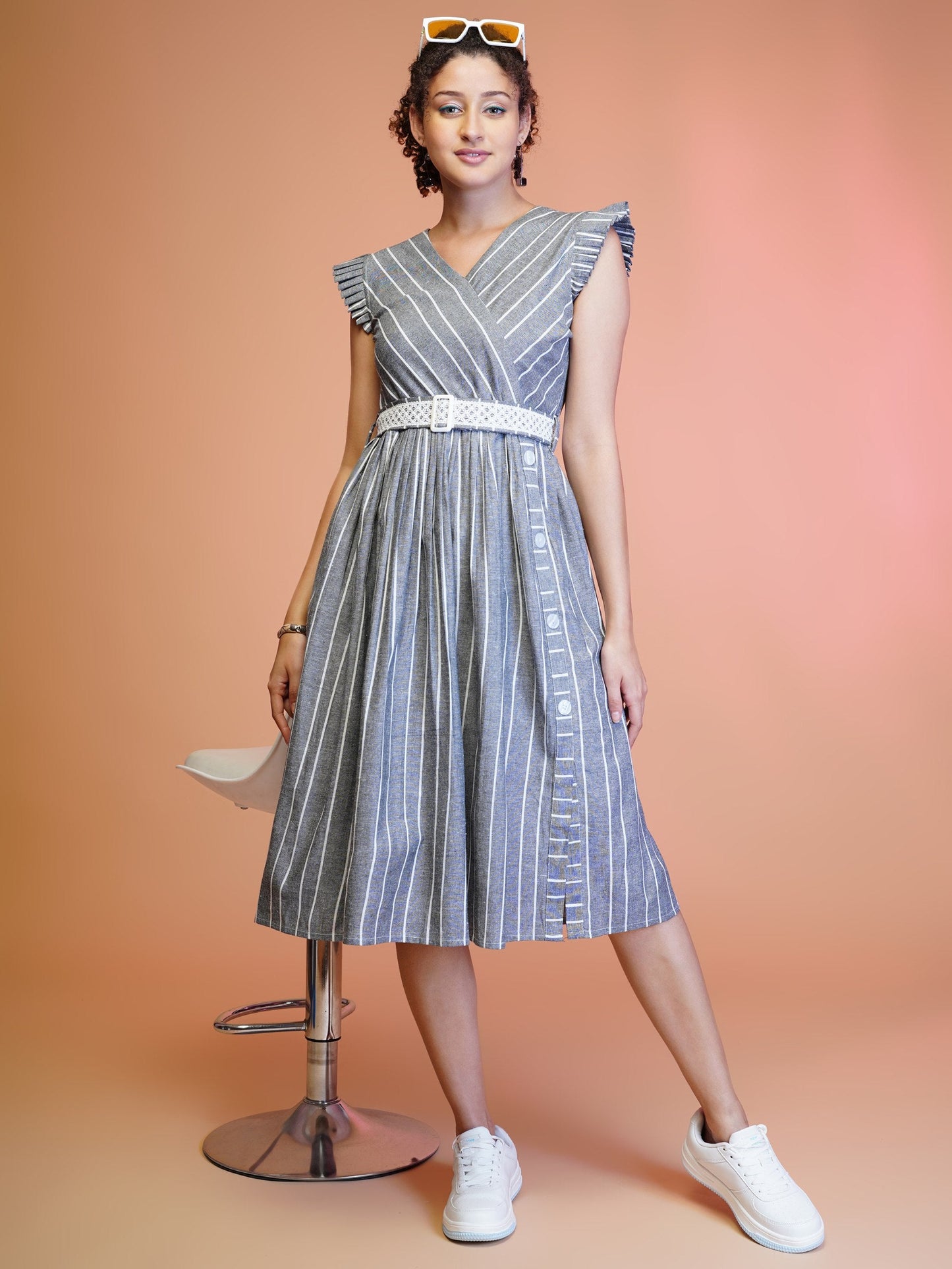 Jyoti Fashion Women's Grey Cotton Striped with Embroidered Belt Western Midi Dress | Swadesiicart