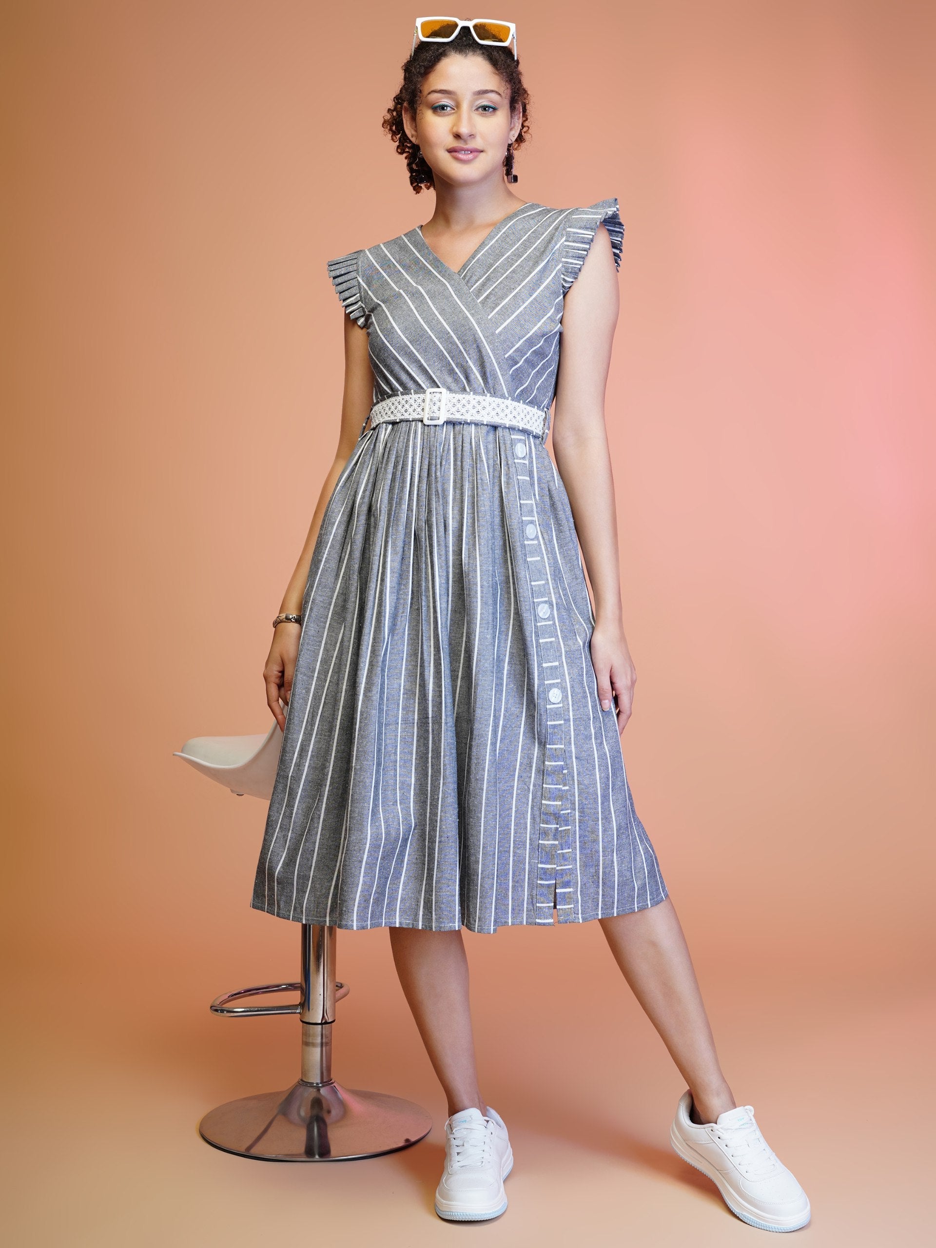 Jyoti Fashion Women's Grey Cotton Striped with Embroidered Belt Western Midi Dress | Swadesiicart