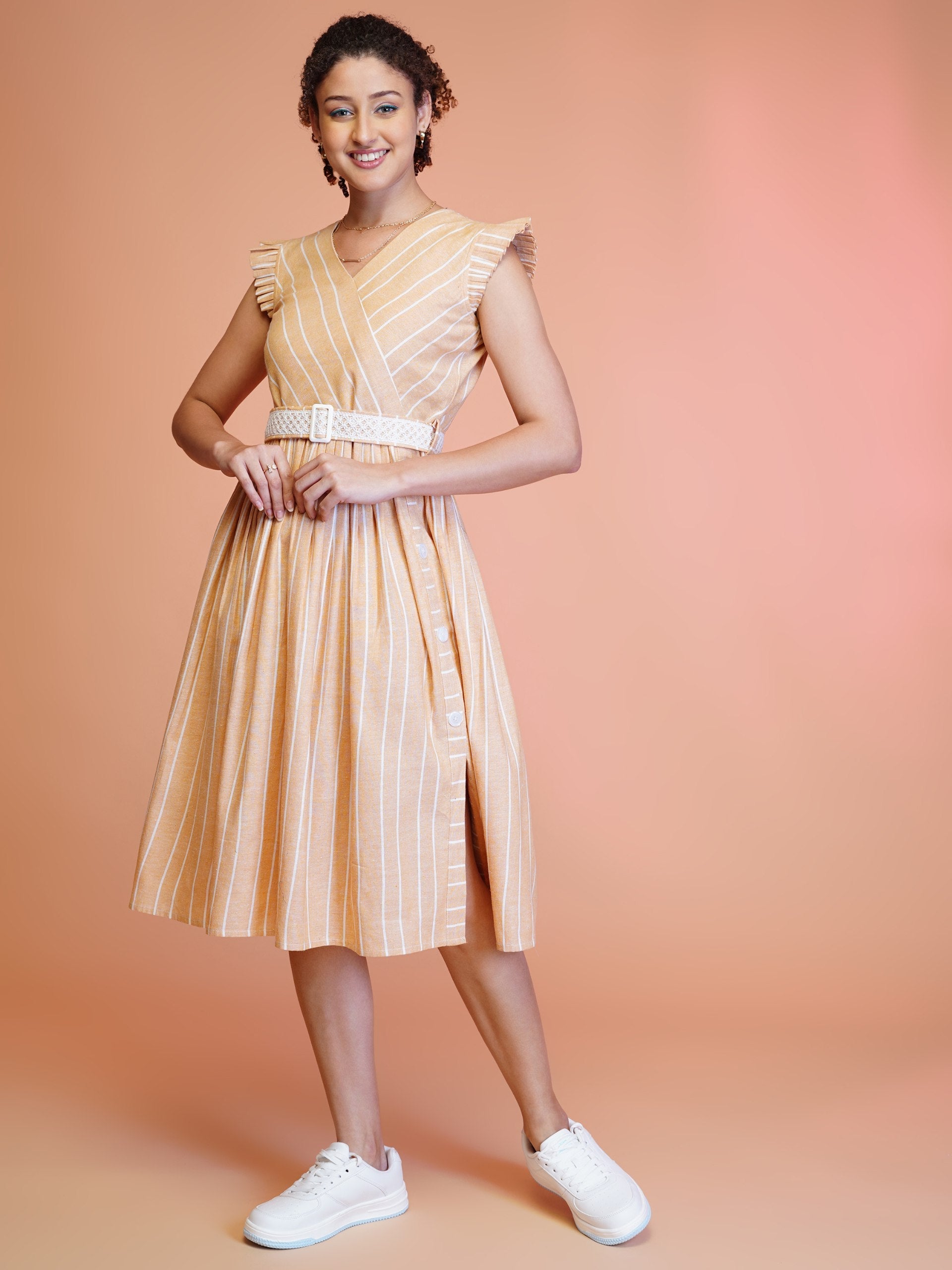 Jyoti Fashion Women's Orange Cotton Striped with Embroidered Belt Western Midi Dress | Swadesiicart