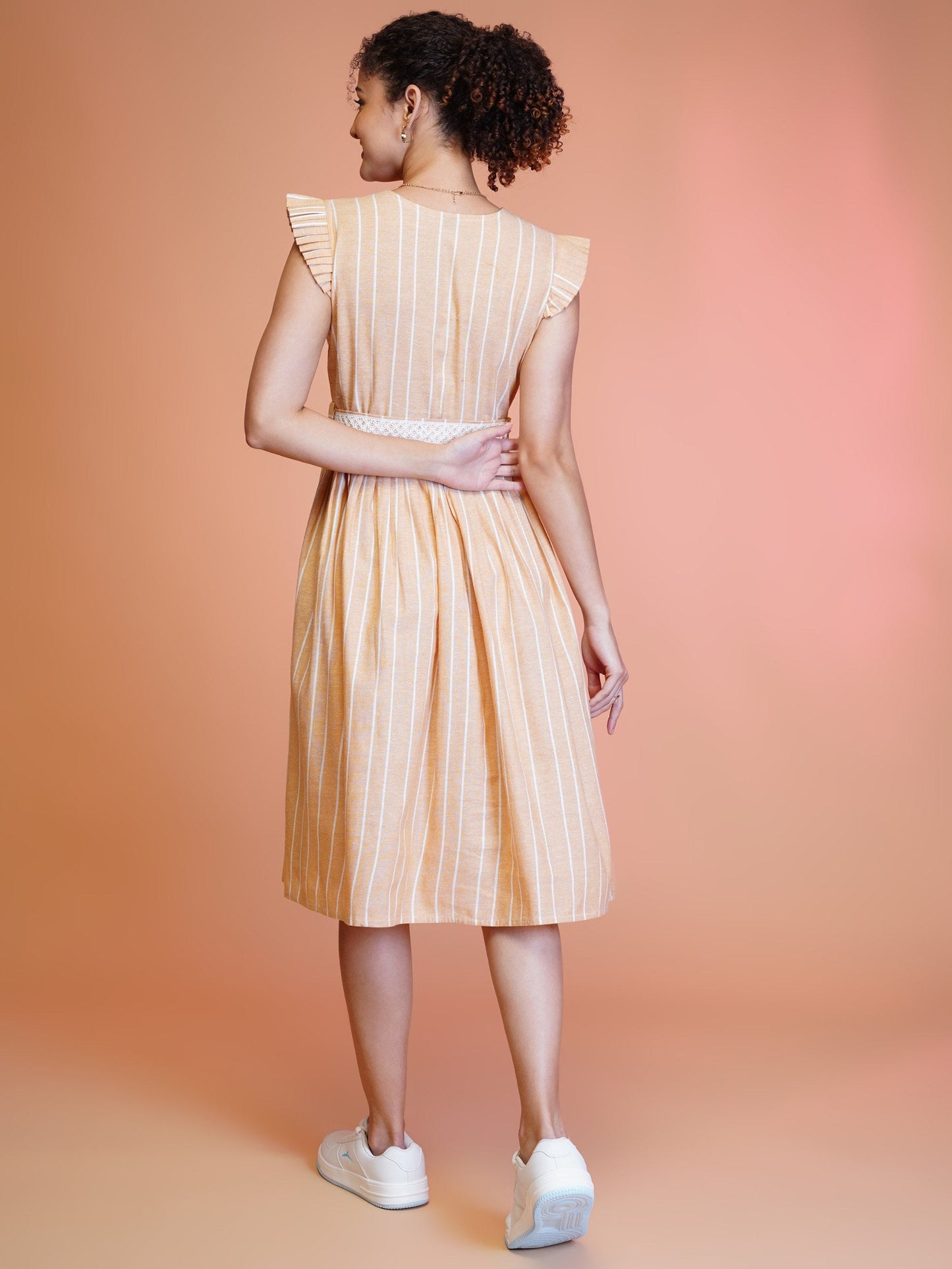 Jyoti Fashion Women's Orange Cotton Striped with Embroidered Belt Western Midi Dress | Swadesiicart