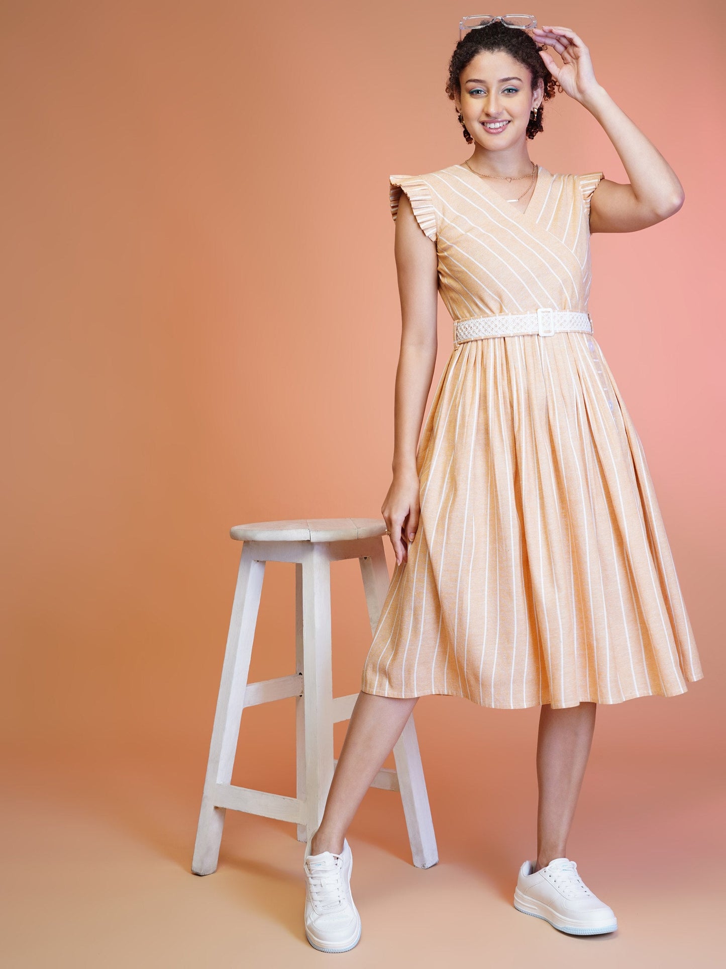 Jyoti Fashion Women's Orange Cotton Striped with Embroidered Belt Western Midi Dress | Swadesiicart