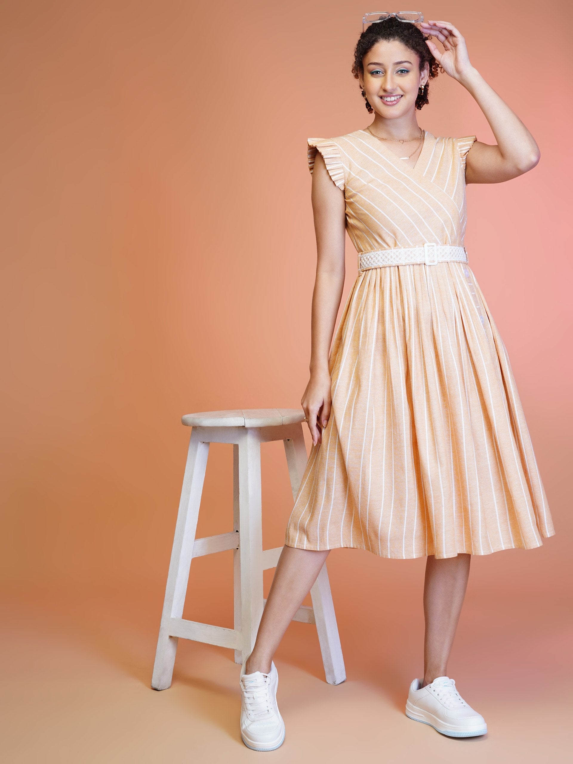 Jyoti Fashion Women's Orange Cotton Striped with Embroidered Belt Western Midi Dress | Swadesiicart