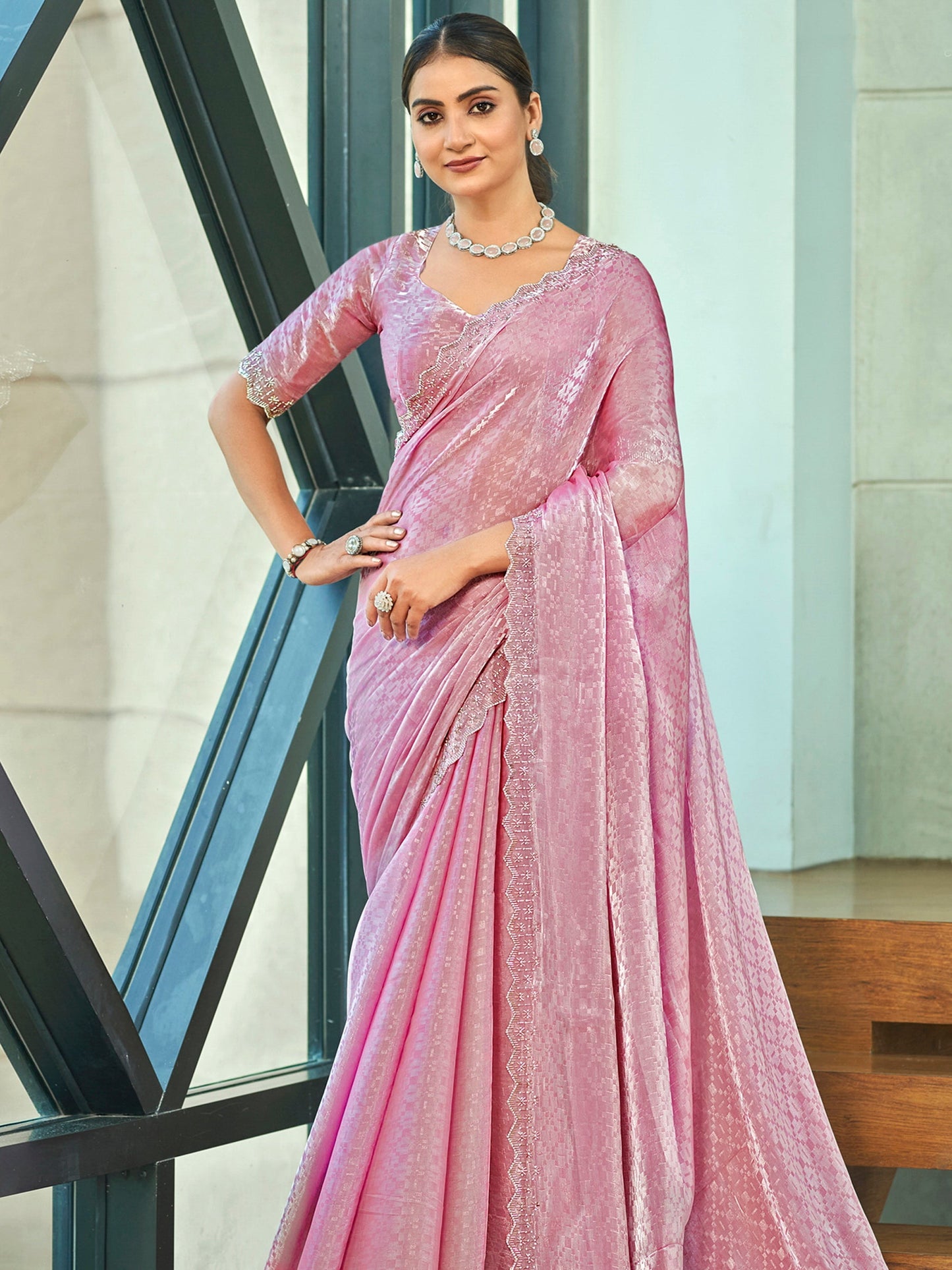 Jyoti Fashion Women's Pink Silk Blend Embellished Border with Beads & Crystal Cutwork Saree with Blouse | Swadesiicart