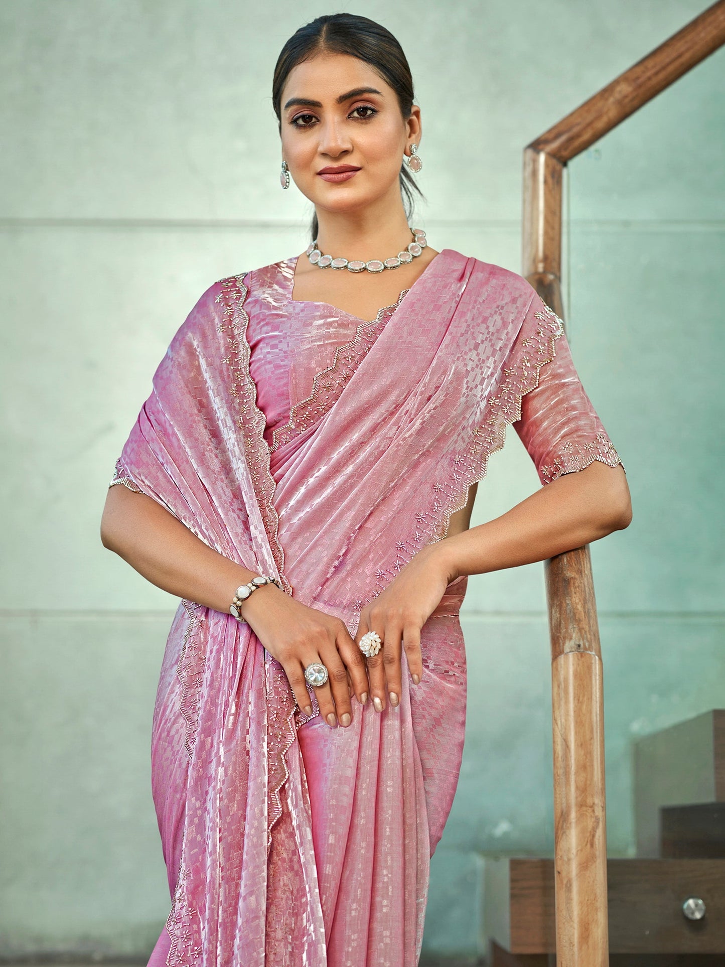 Jyoti Fashion Women's Pink Silk Blend Embellished Border with Beads & Crystal Cutwork Saree with Blouse | Swadesiicart