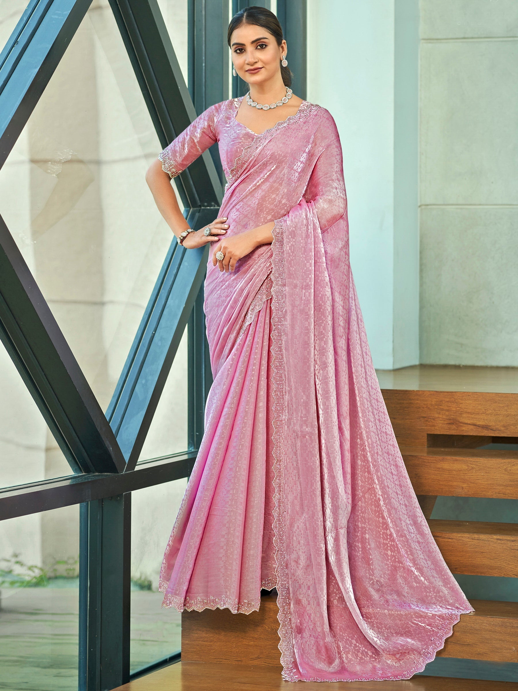 Jyoti Fashion Women's Pink Silk Blend Embellished Border with Beads & Crystal Cutwork Saree with Blouse | Swadesiicart