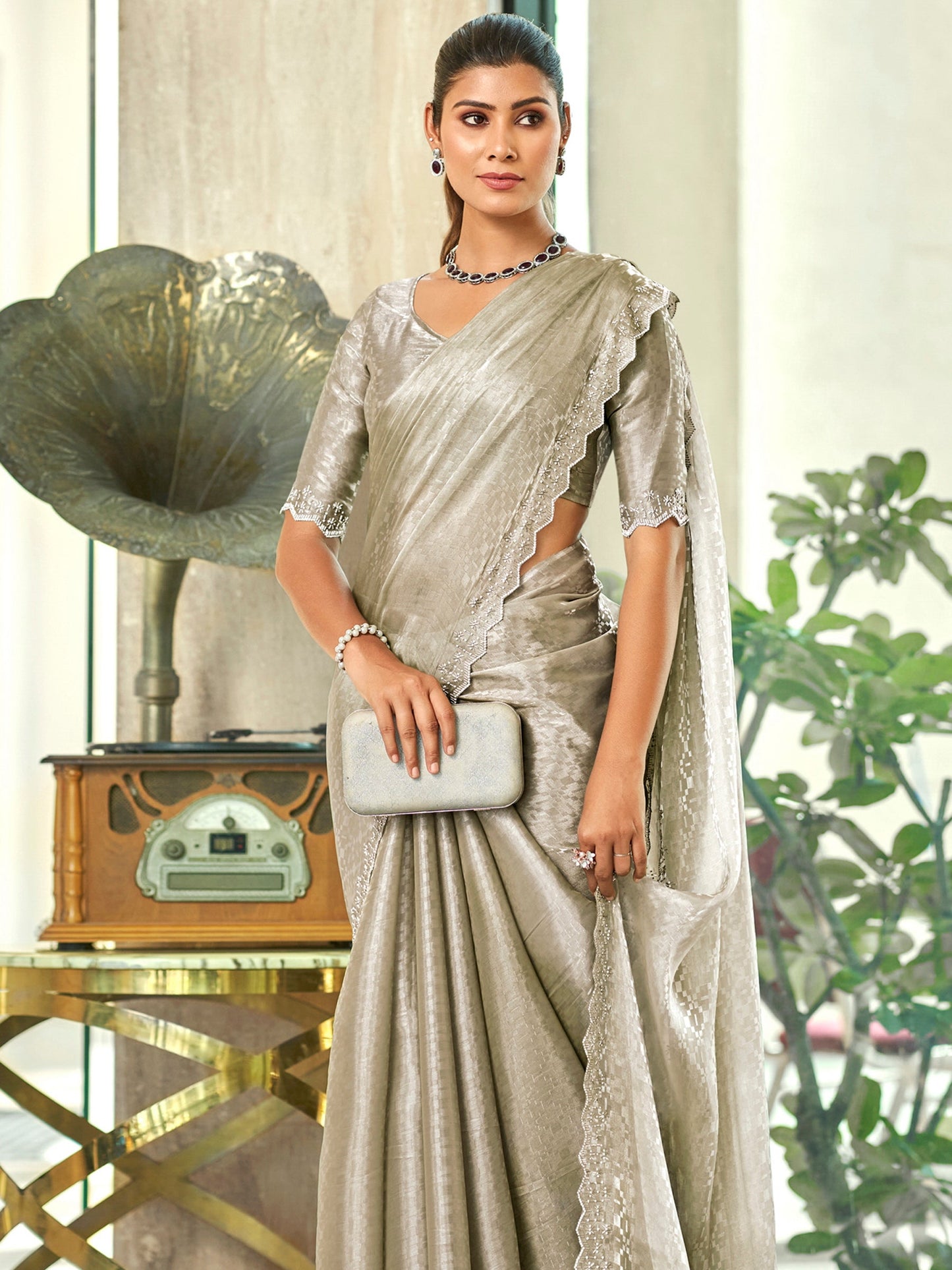 Jyoti Fashion Women's Silver Silk Blend Embellished Border with Beads & Crystal Cutwork Saree with Blouse | Swadesiicart